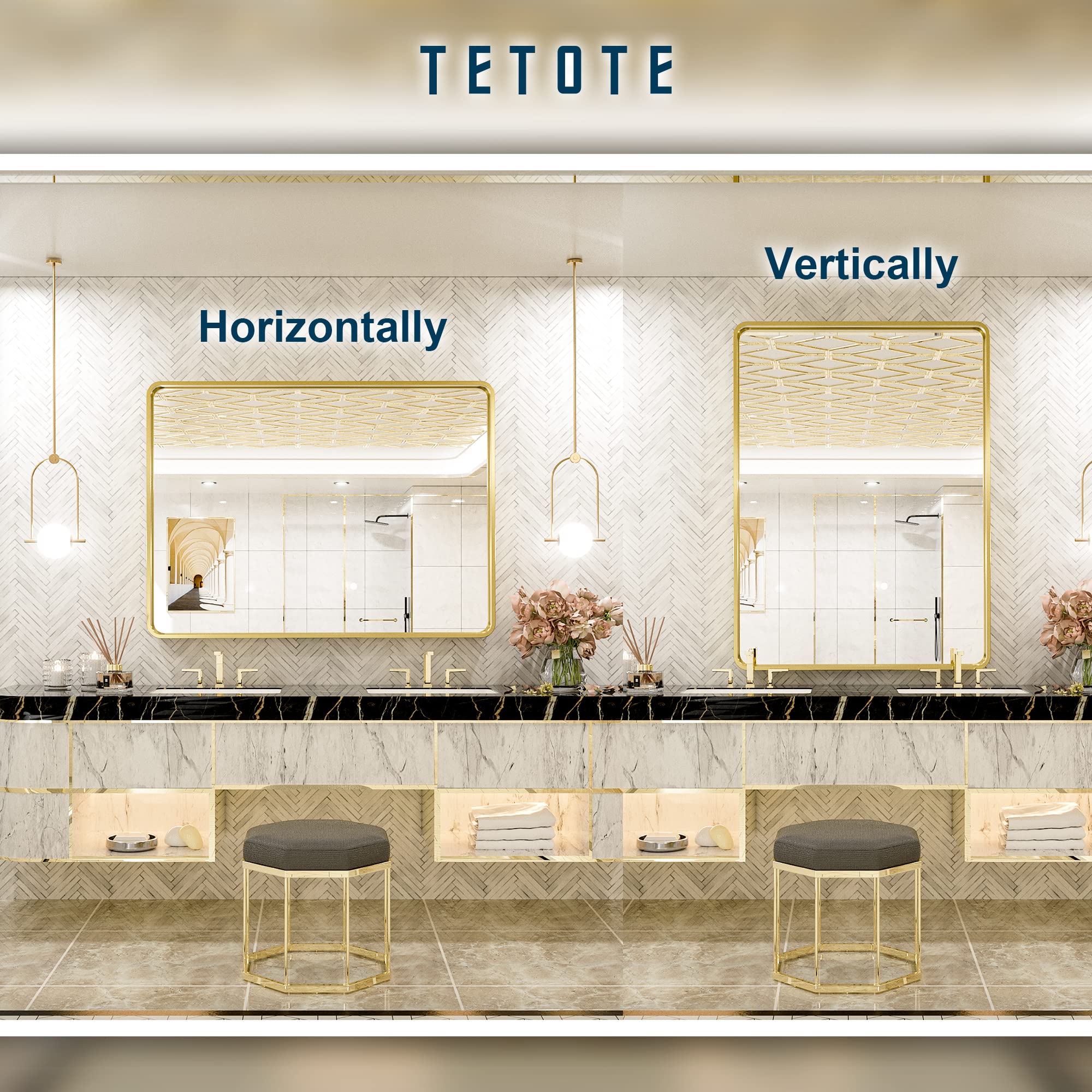 Tetote 40 X 30 Inch Gold Bathroom Mirror, Brushed Brass Metal Frame Mirror For Vanity, Rectangle Wall Mounted Golden Modern Mirr