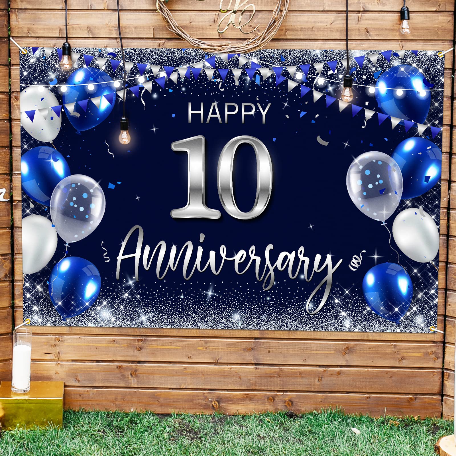 Happy 10Th Anniversary Backdrop Banner Decor Navy Blue - Silver Glitter Happy 10 Years Wedding Anniversary Party Theme Decoratio