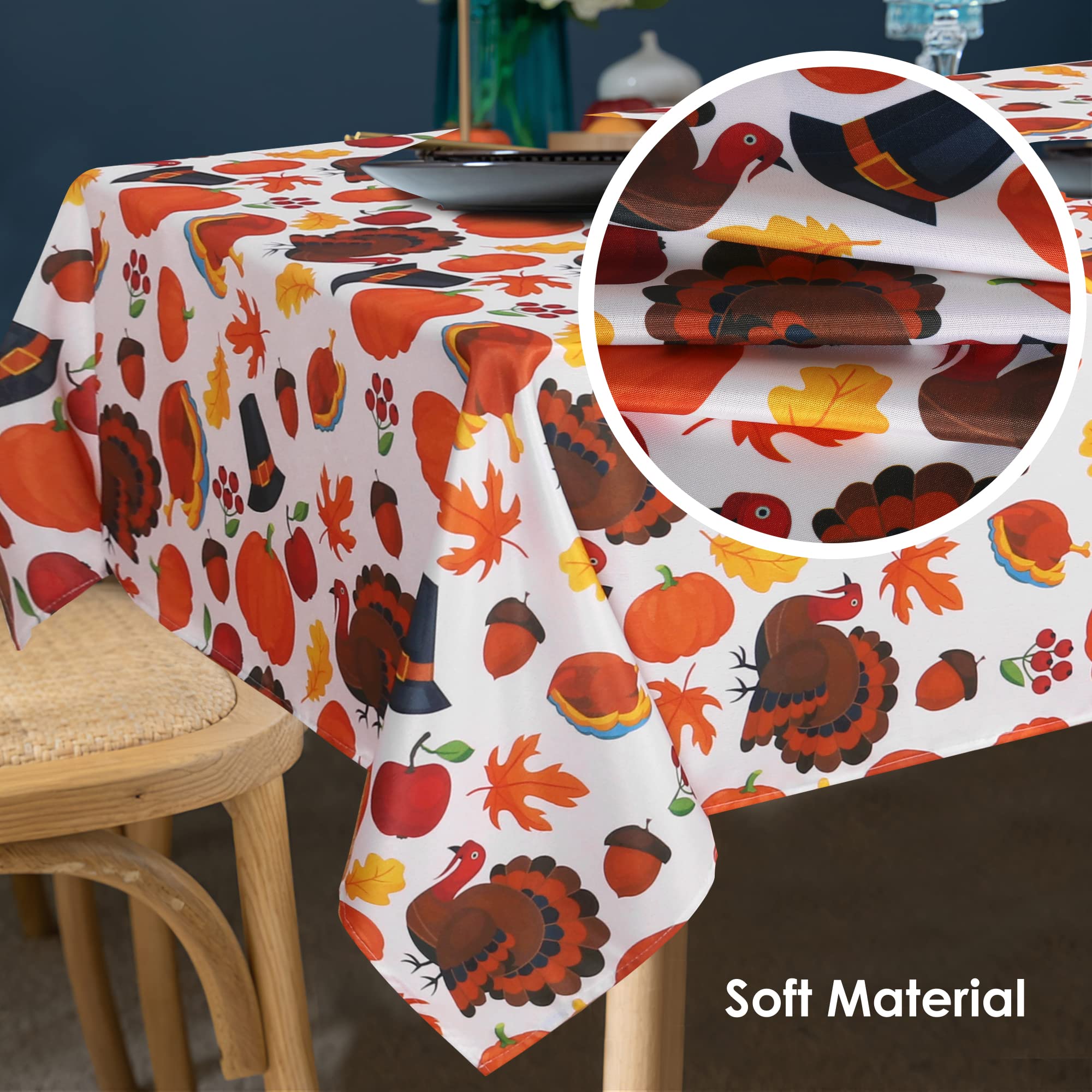 LUSHVIDA Rectangle Fall Tablecloth 60x120 inch Pumpkins & Turkeys- Washable Wrinkle Resistant Thanksgiving Tablecloth for Fall/H
