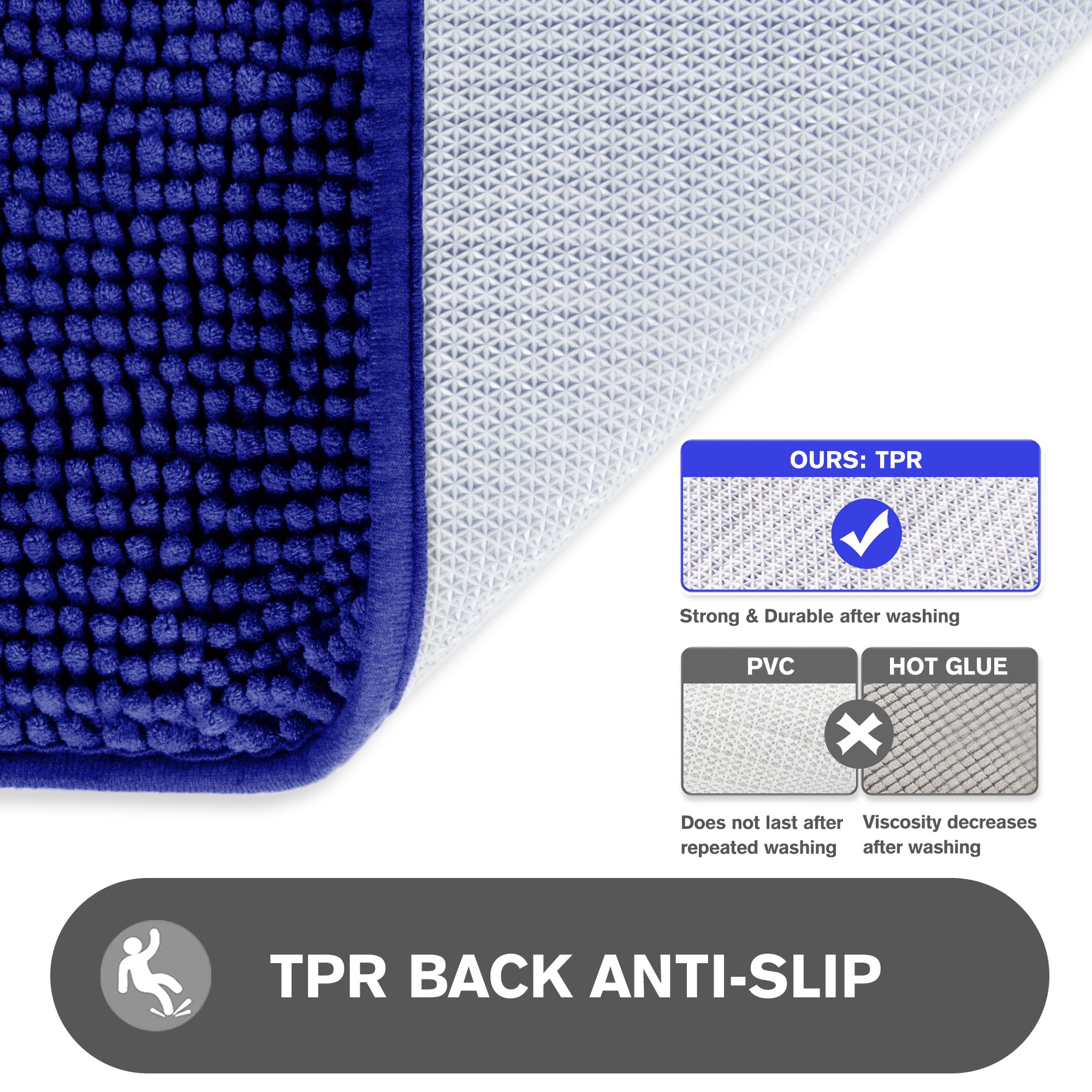 Pureswan Royal Blue 47 X 17 Bathroom Rugs - Absorbent And Washable Bath Mat, Non-Slip, Thick Soft Chenille Bath Rugs For Bathroo