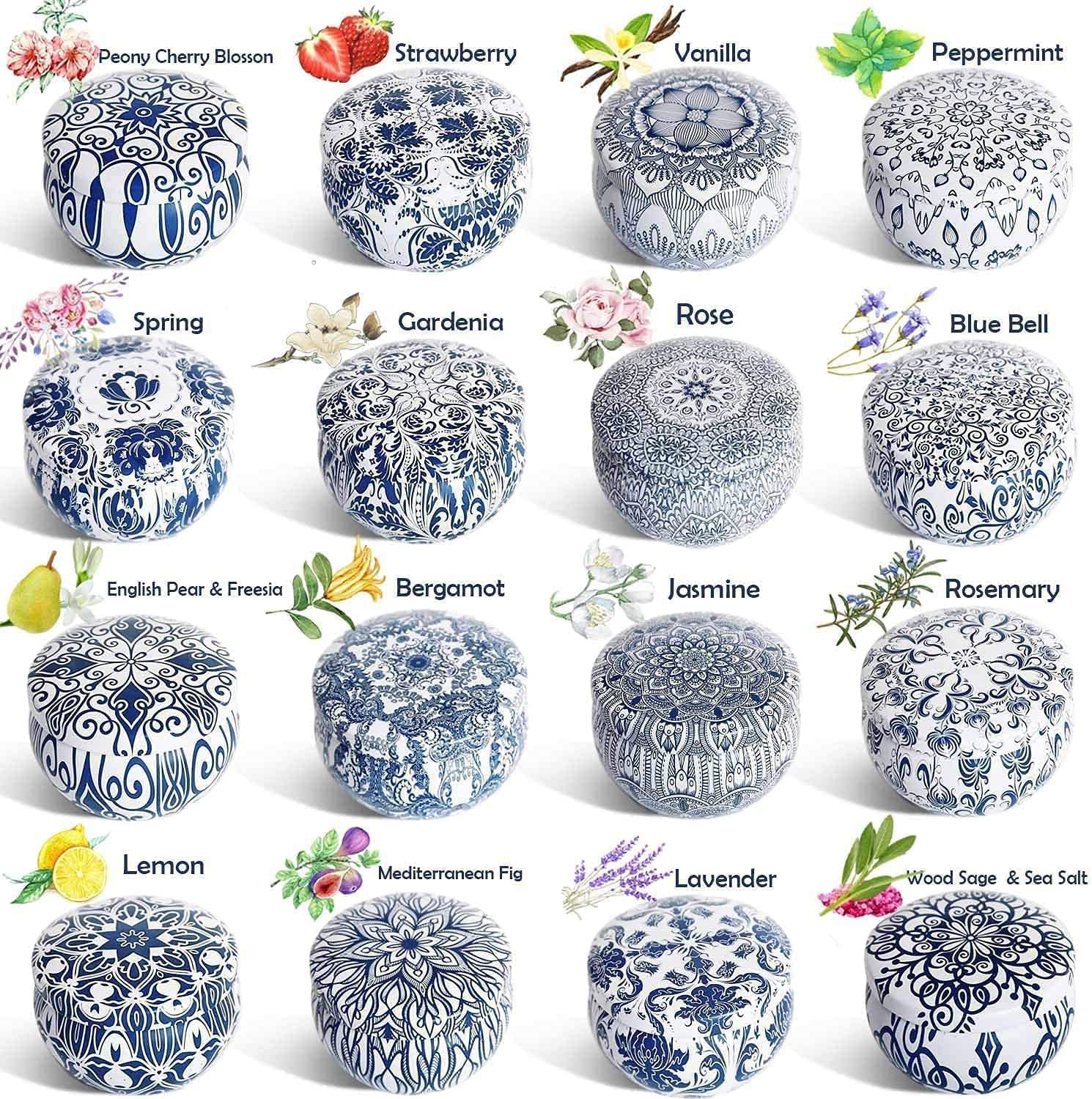 Set of 16 Small Scented Candles Gifts,Blue and White Aroma Naturals Candles,2.5 OZ Soy Wax Travel Tin Jar Candles,Appropriate Gi