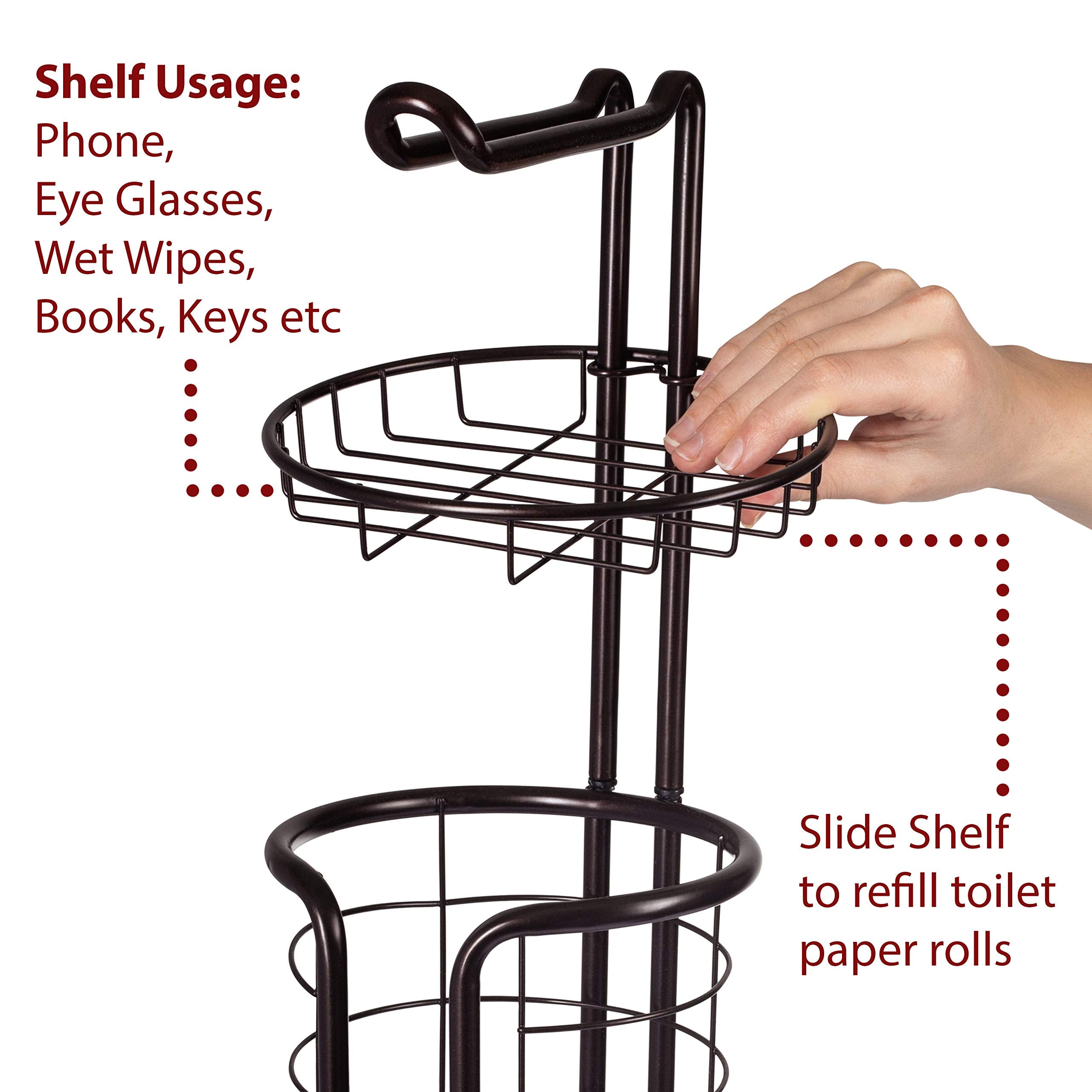 Baflan Free Standing Toilet Tissue Paper Roll Holder Dispenser - Bronze, Model 68254, Bathroom Organizer with Storage Shelf