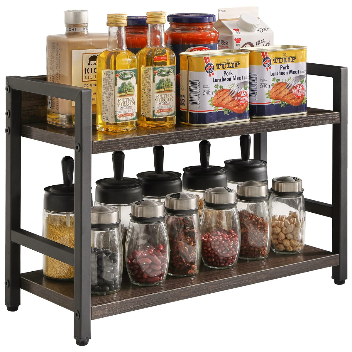 IBUYKE 2-Tier Spice Rack, Industrial Counter Shelf, Desktop Storage Organizer, for Kitchen Office Living Room, Dark Grey UTLJ002