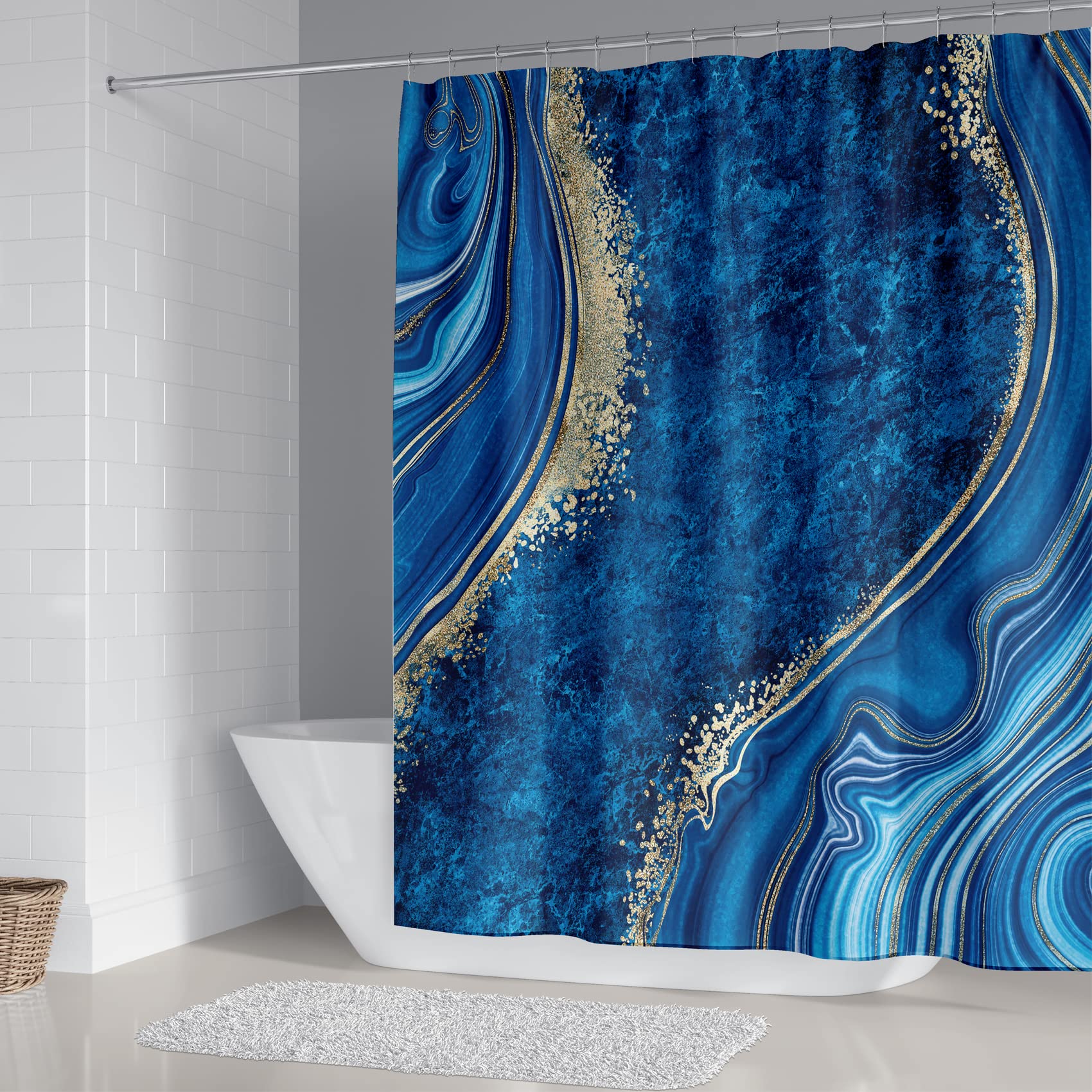 beifivcl 4Pcs Luxury Marble Shower Curtain Sets  Toilet Lid Rug Bath Mat and Contour Mat  Shower Curtain with 12 Hooks for Bathroom Set Decor 72 x 72 Inch  Blue