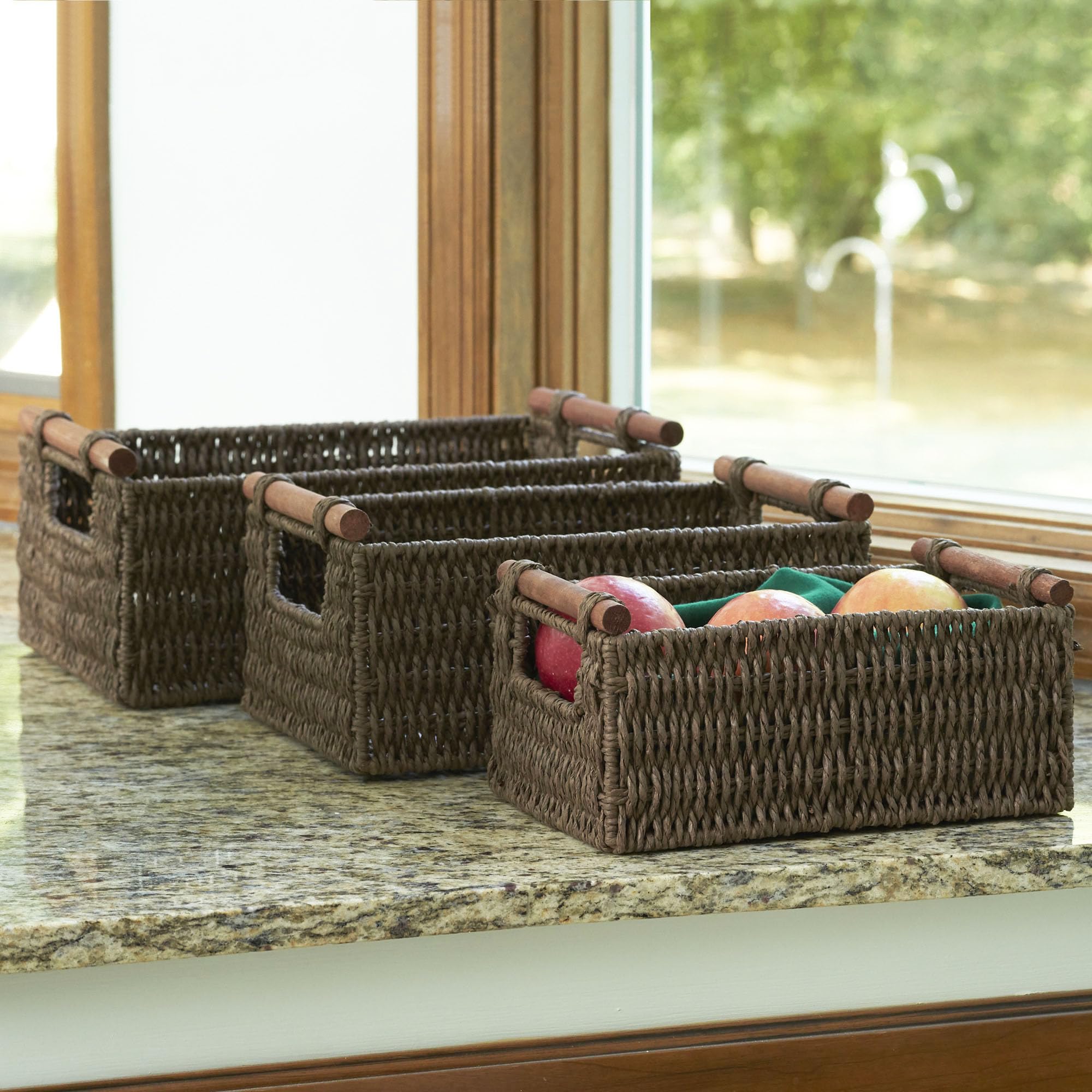 Household Essentials Decorative Woven Baskets Set Of 3, Paper Rope With Wood Handles, Sturdy Metal Frame, Small, Medium And Larg