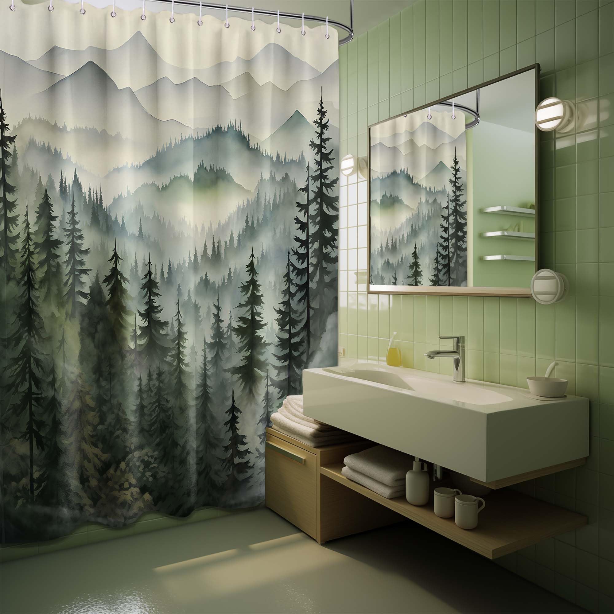 Qghot Foggy Mountain Shower Curtain, Nature Woodland Forest Cabin Shower Curtains For Bathroom Waterproof Pine Tree Bathroom Dec