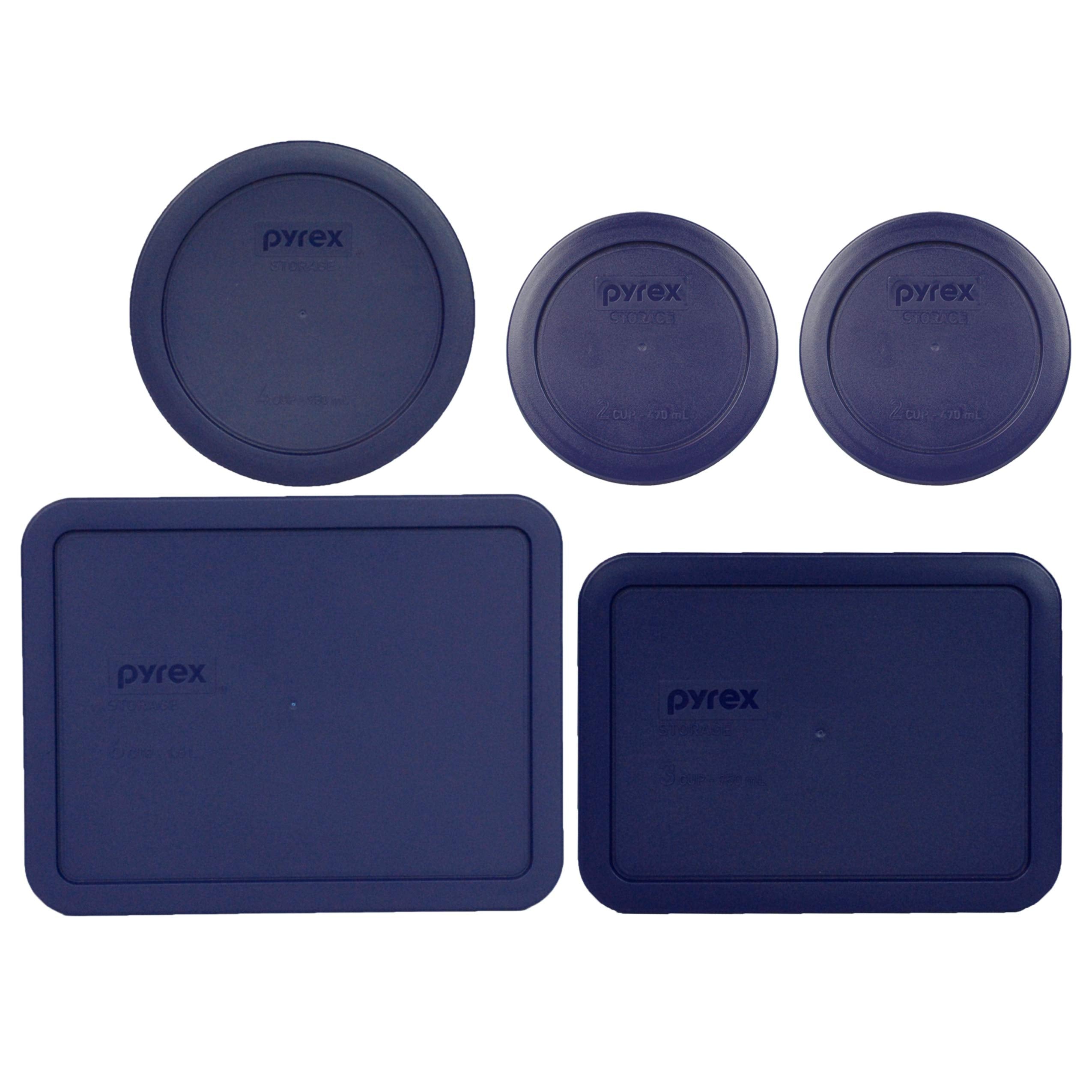 Pyrex (2) 7200-PC 2 Cup, (1) 7201-PC 4 Cup, (1) 7210-PC 3 Cup, and (1) 7211-PC 6 Cup Blue Plastic Storage Lids Made in the USA