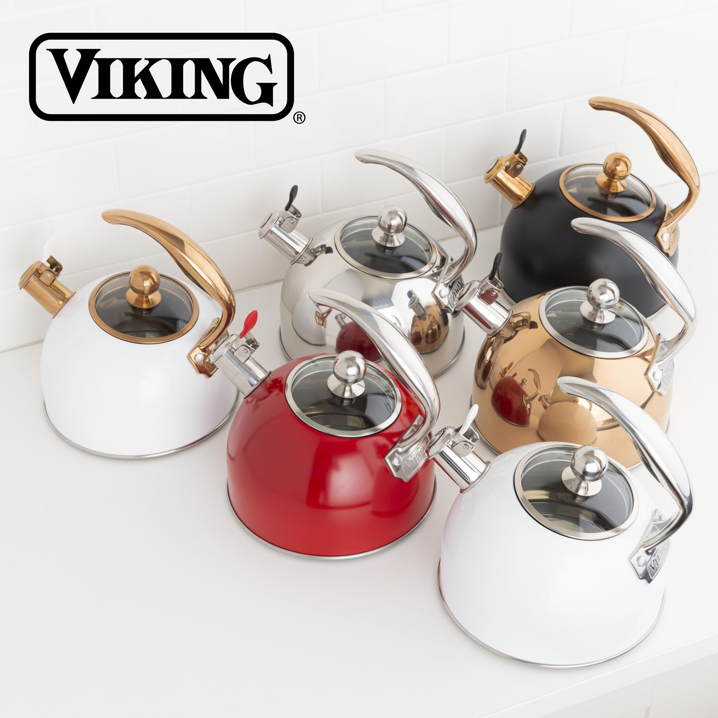 Viking Culinary 3-Ply Stainless Steel Whistling Tea Kettle  2.6 Quart  Includes Tempered Glass Lid  Ergonomic Stay-Cool Handle  Works on All Cooktops including Induction  Red