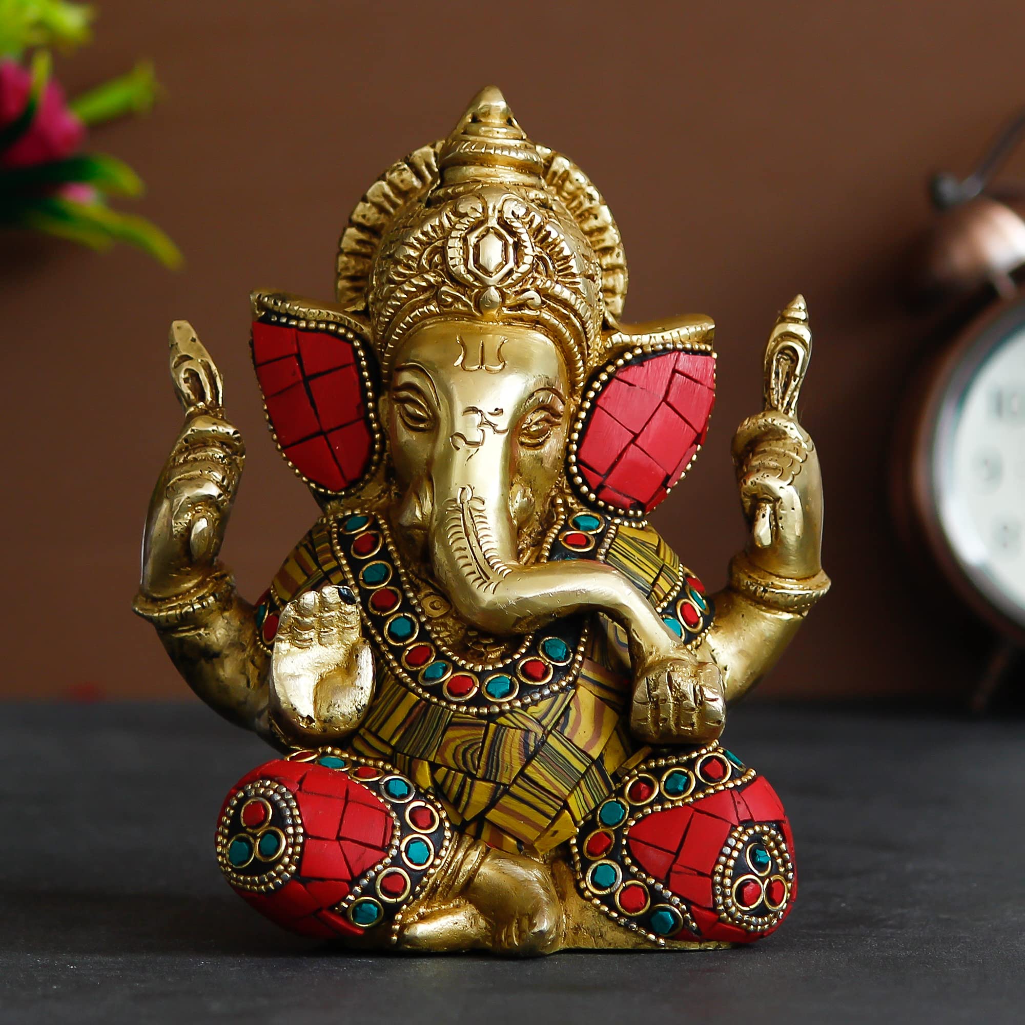 Ecraftindia Handcrafted Golden Brass Chaturbhuj Lord Ganesha Idol With Colorful Stone Work | Hindu God Idol For Home Decor And S