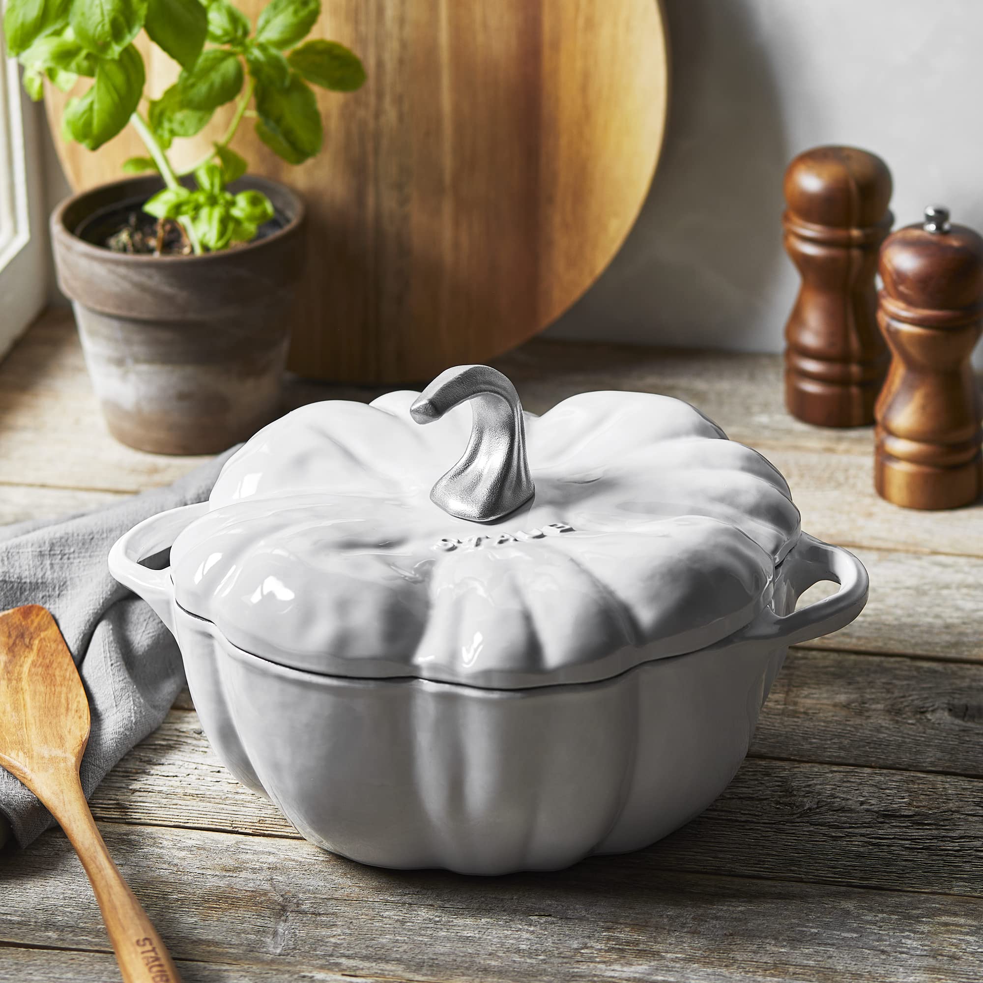 Staub Cast Iron Dutch Oven 3.5-Qt Pumpkin Cocotte With Stainless Steel Knob, Made In France, Serves 3-4, White
