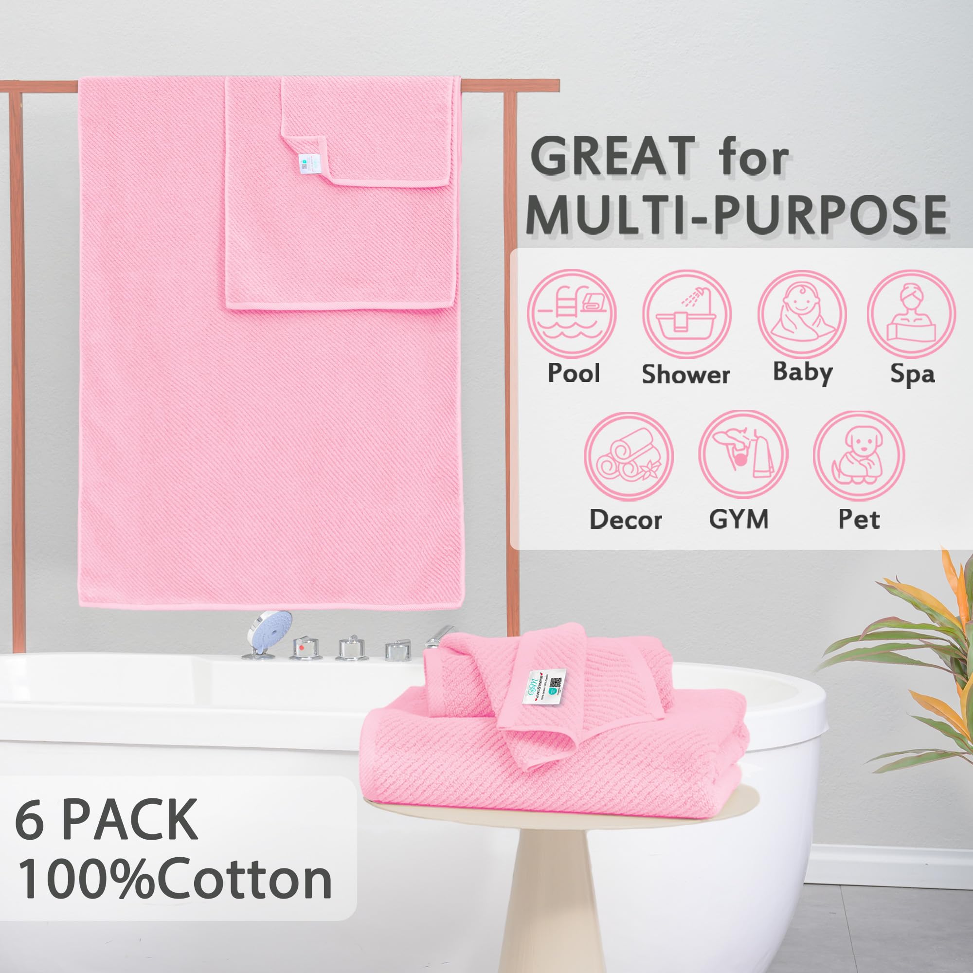 Green Towels For Bathroom - 100% Cotton | Quick Dry | Lightweight | Thick | Soft, 6 Piece Towel Set, 2 Large Bath Towels 30X56,