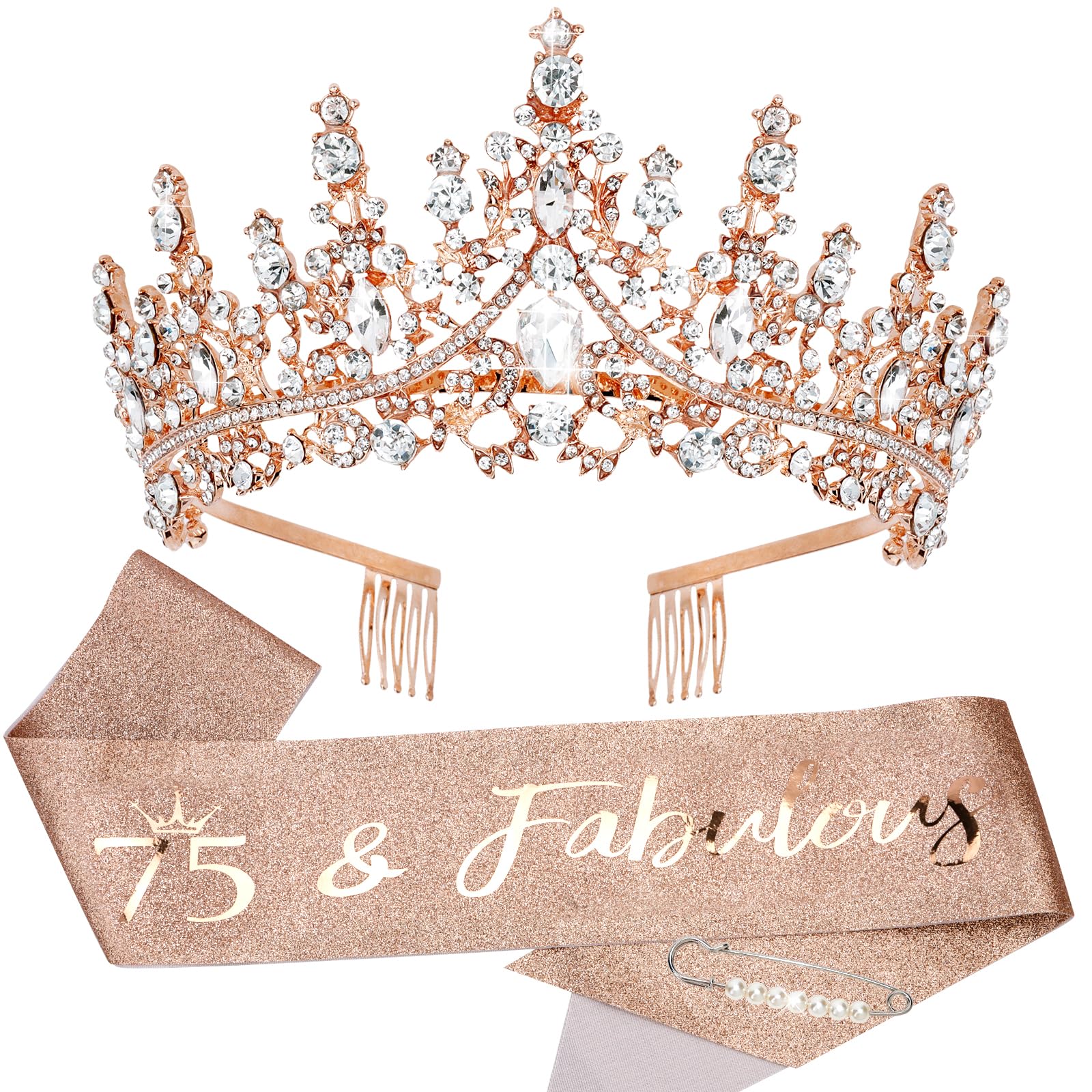 Tobatoba 75Th Birthday Decorations, Rose Gold Birthday Sash And Tiaras For Women, 75Th Birthday Gifts For Women, 75 And Fabulous