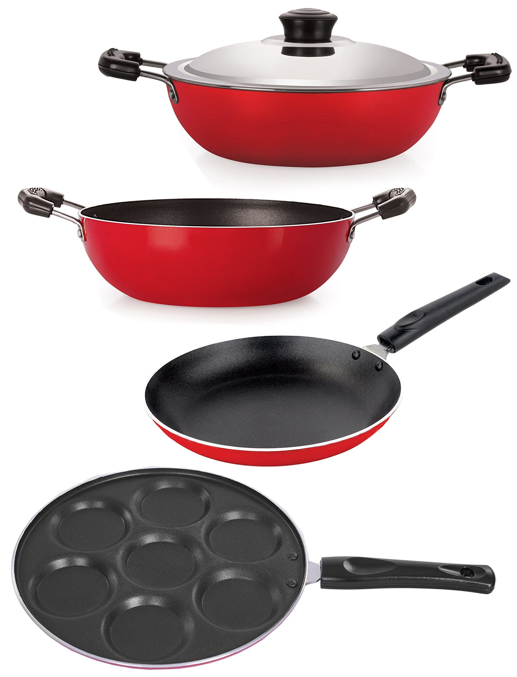 Nirlon NonStick Aluminium Cookware Set, 4Pieces, Red (26_Kd13_Dkdm_Tp_Up)
