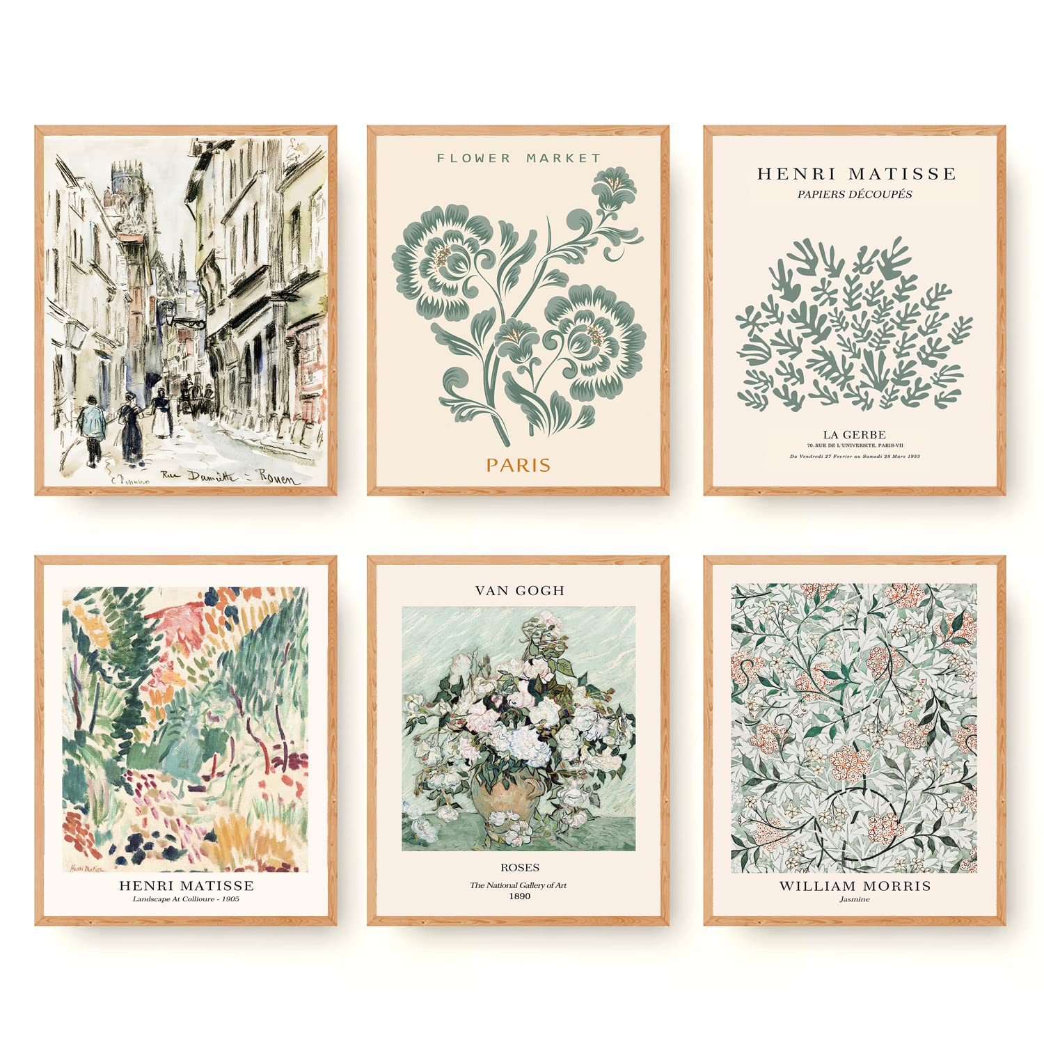 Sage Green Matisse Wall Art Prints Set Of 6 Canvas Vintage Eclectic Aesthetic Abstract Gallery Floral Van Gogh William Morris Fl