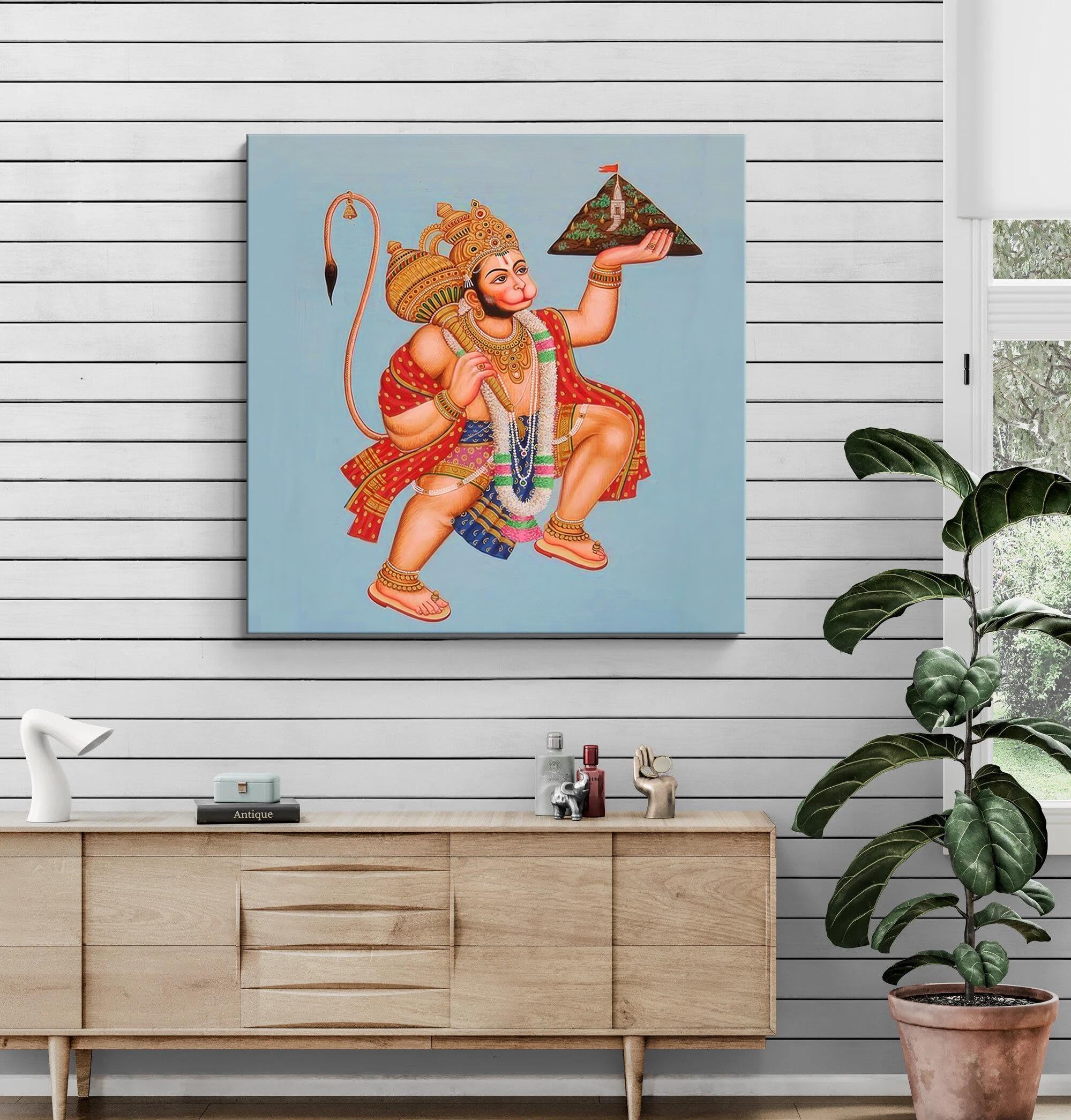 999Store Hanuman Carrying The Sanjeevani Mountain With Devotion - Canvas Painting | Ramayana Art, Hindu Mythology Decor, Hanuman