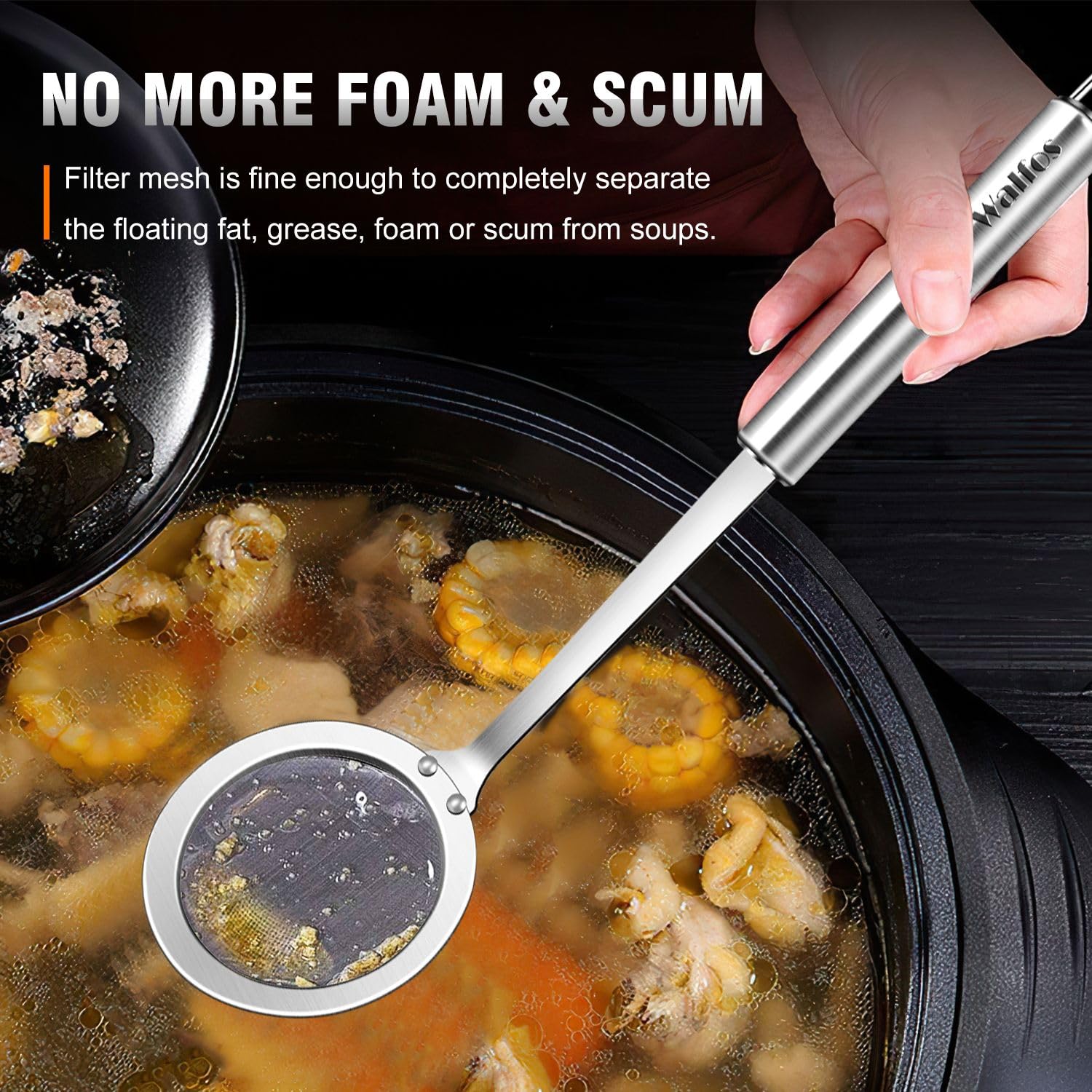 Walfos Skimmer Spoon,304 Stainless Steel Fine Mesh Strainer,Foam Strainer Oil Filter,Ultra Fine Mesh Strainer Perfect For Separa