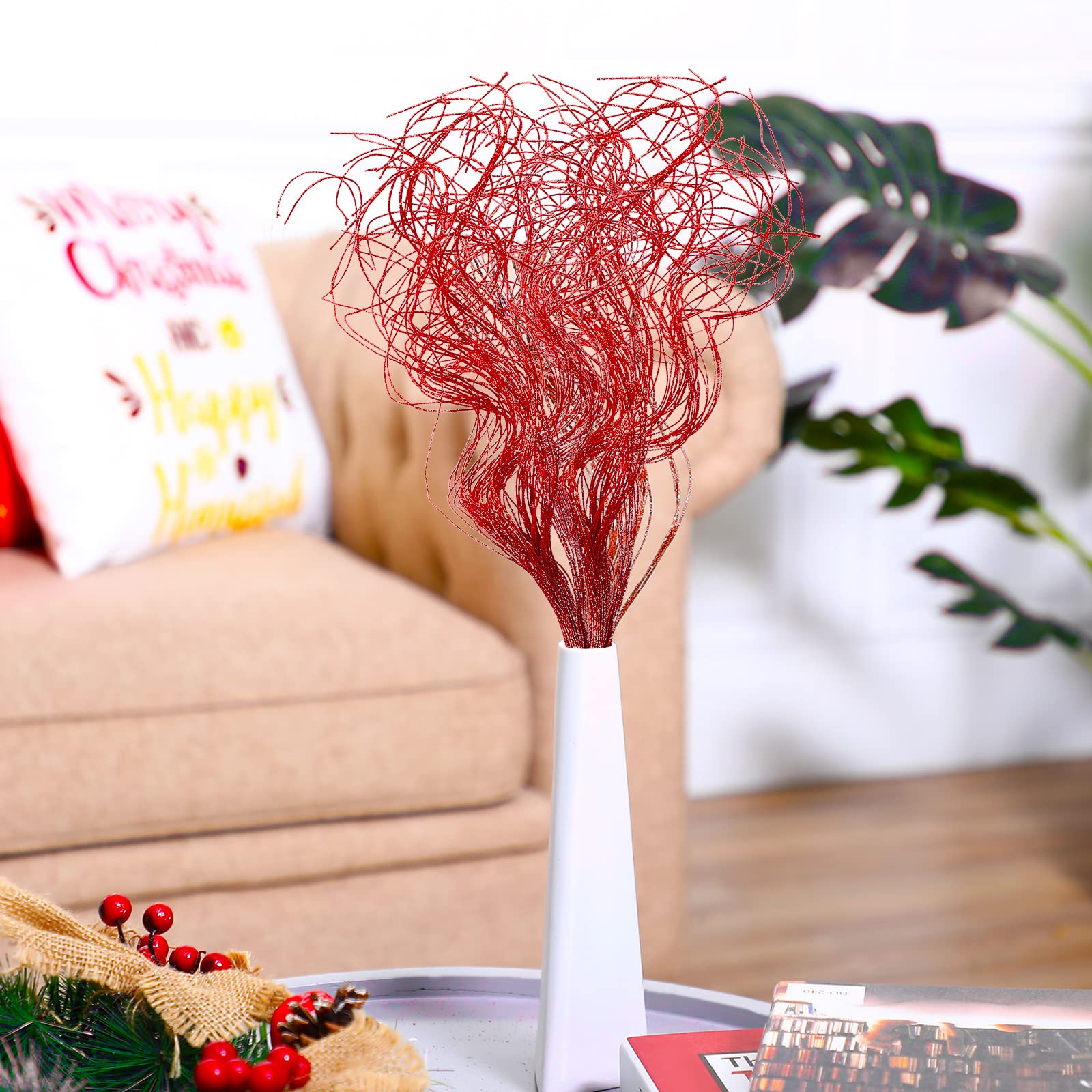 Syhood 36 Pieces Red Glitter Curly Ting Ting Branches Christmas Branches Vase Filler Artificial Curly Twigs for Christmas Tree G