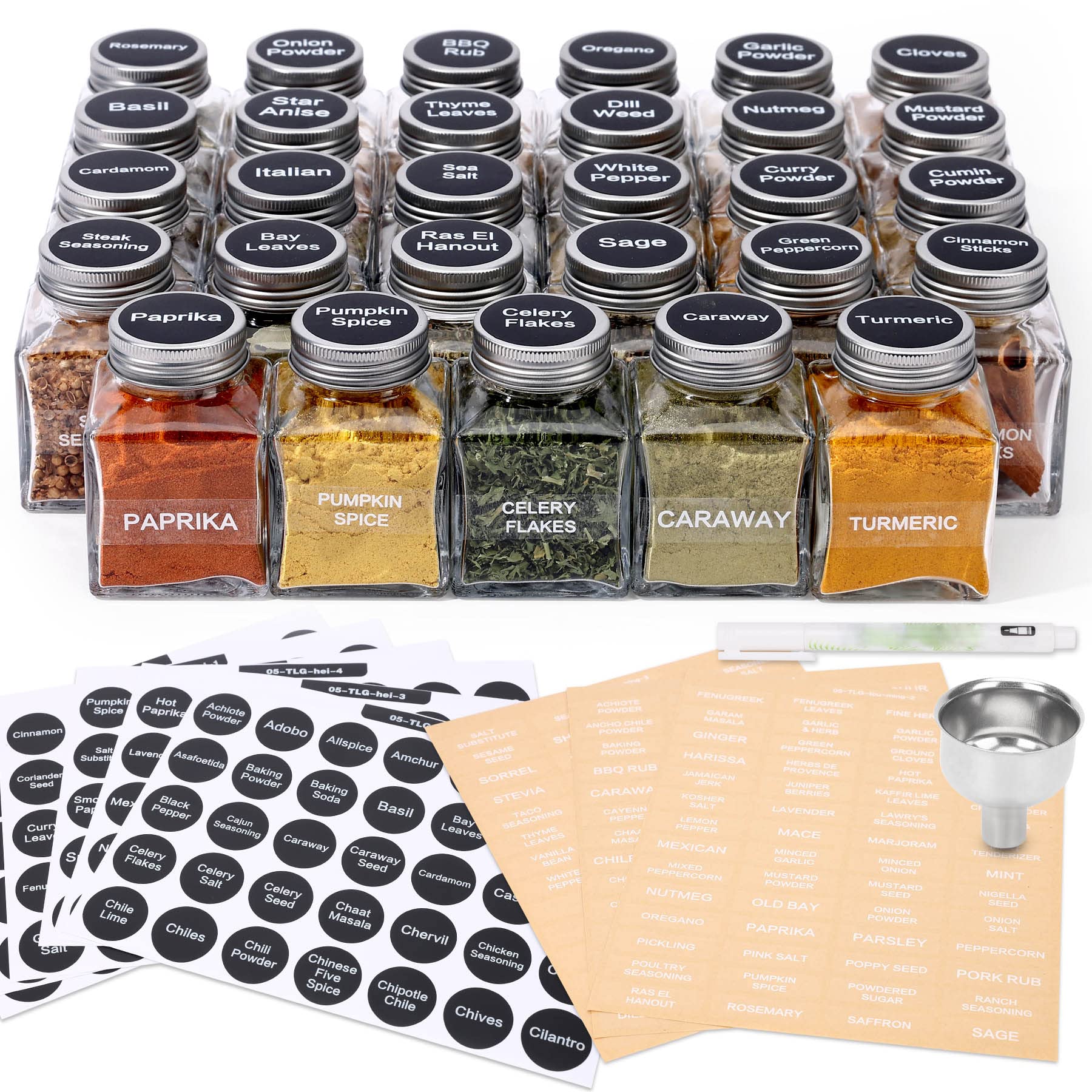 Unique Design Spice Jars With 372 Labels, 29-Pack 4.5 Oz Personalized Cubic Clear Glass Spice Jars With Shakers, Lids, Empty Squ