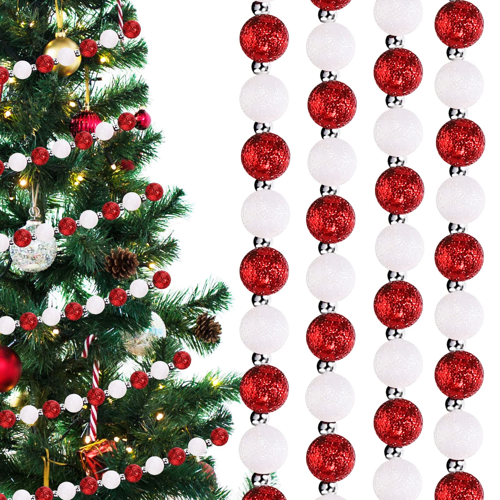 Jetec Christmas Candy Garland Multi Color Glitter Beaded Garland Candy Beads Tree Garland Red and White Plastic Beads Garland fo