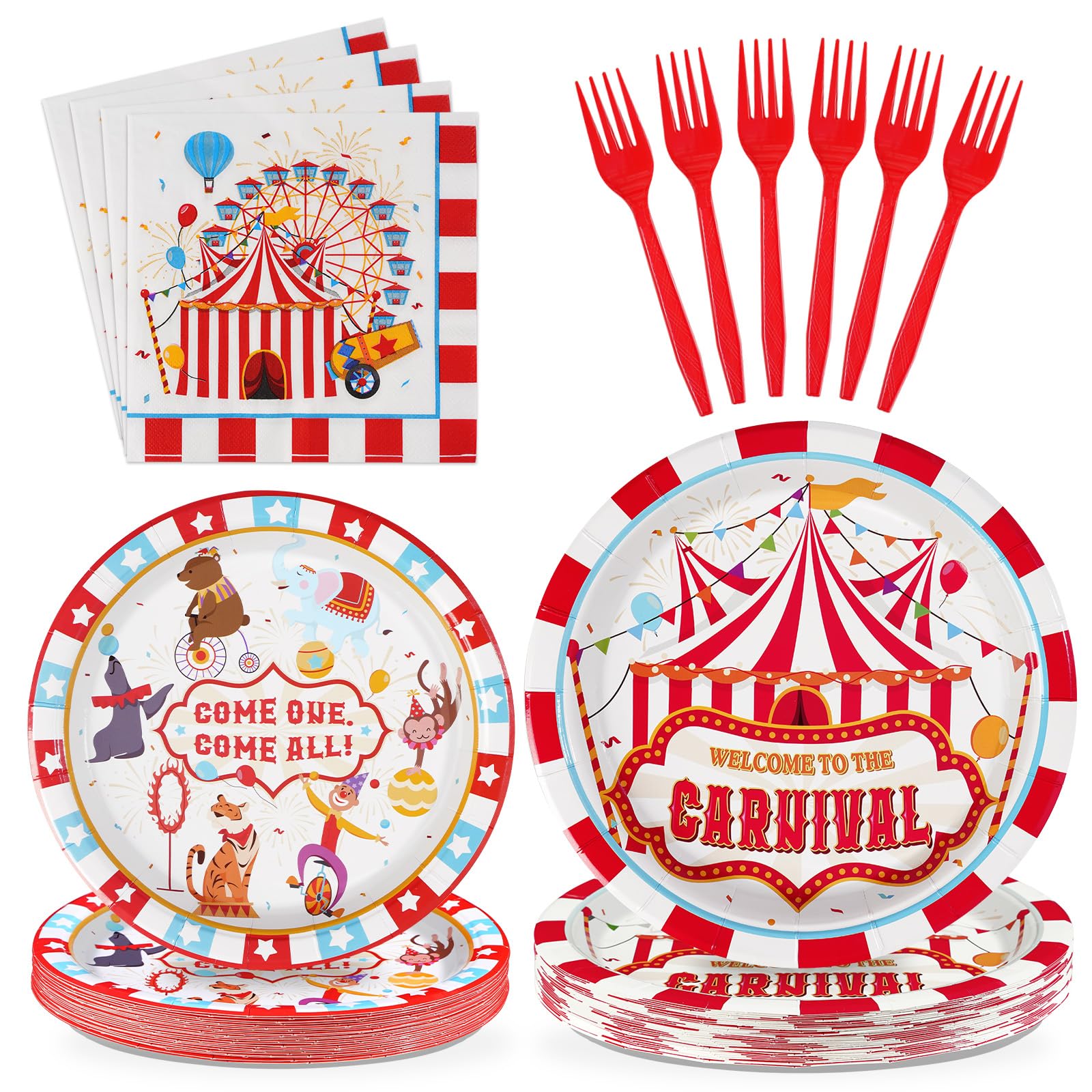 Grencian 96Pcs Carnival Party Decorations Carnival Circus Plates and Napkins Disposable Circus Theme Birthday Paper Tableware Se