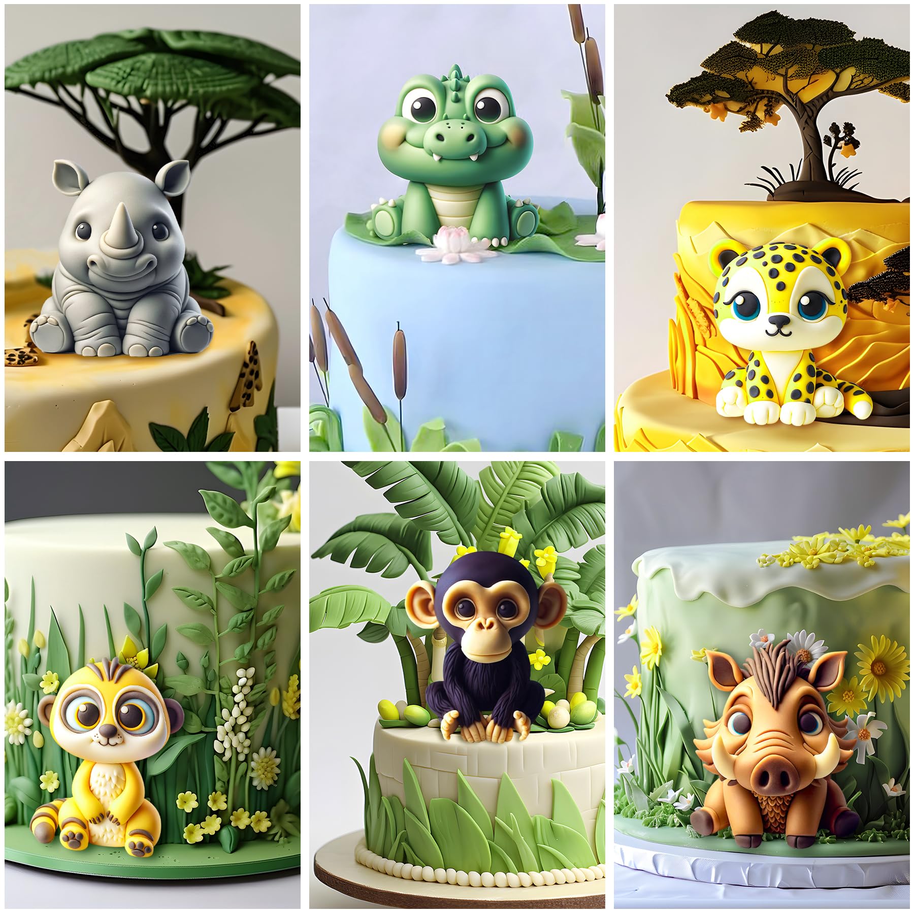 Fondant Molds Safari Animal Cake Topper 6-Count Kit Leopard Mongoose Chimpanzee Crocodile Rhinoceros Warthogs