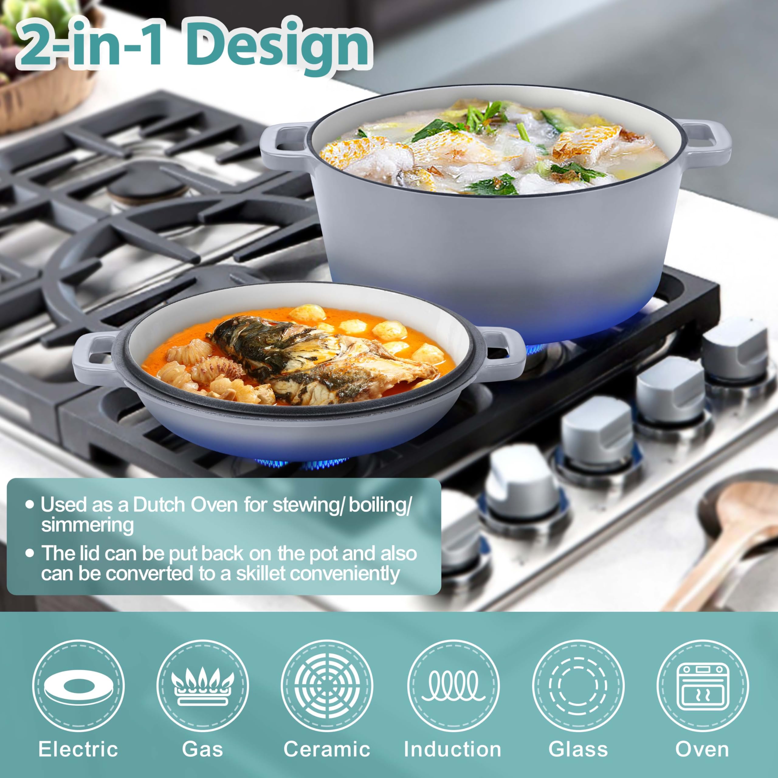Teamfar 5 Quart Enameled Cast Iron Dutch Oven, 2-In-1 Dutch Oven Pot Cookware With Skillet Lid For Bread Baking Braising Stewing