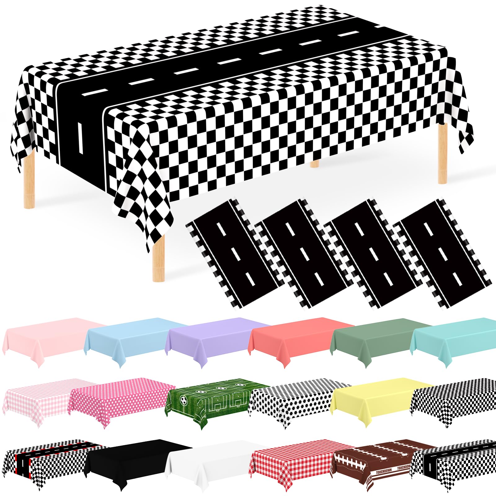 JCTHKUKU 4 PCS Racing Car Plastic Tablecloth Cars Birthday Theme Disposable Party Tablecloths Black Race Road Checkered Party Ta