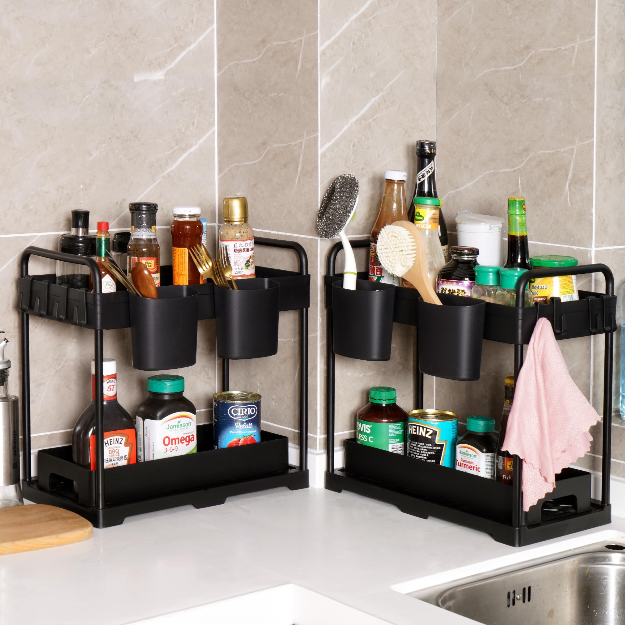 2 Pack Under Kitchen Sink Organizers Storage, 2-Tier Sliding Under Bathroom Cabinet Storage Drawer Organizer With Hooks, Hanging