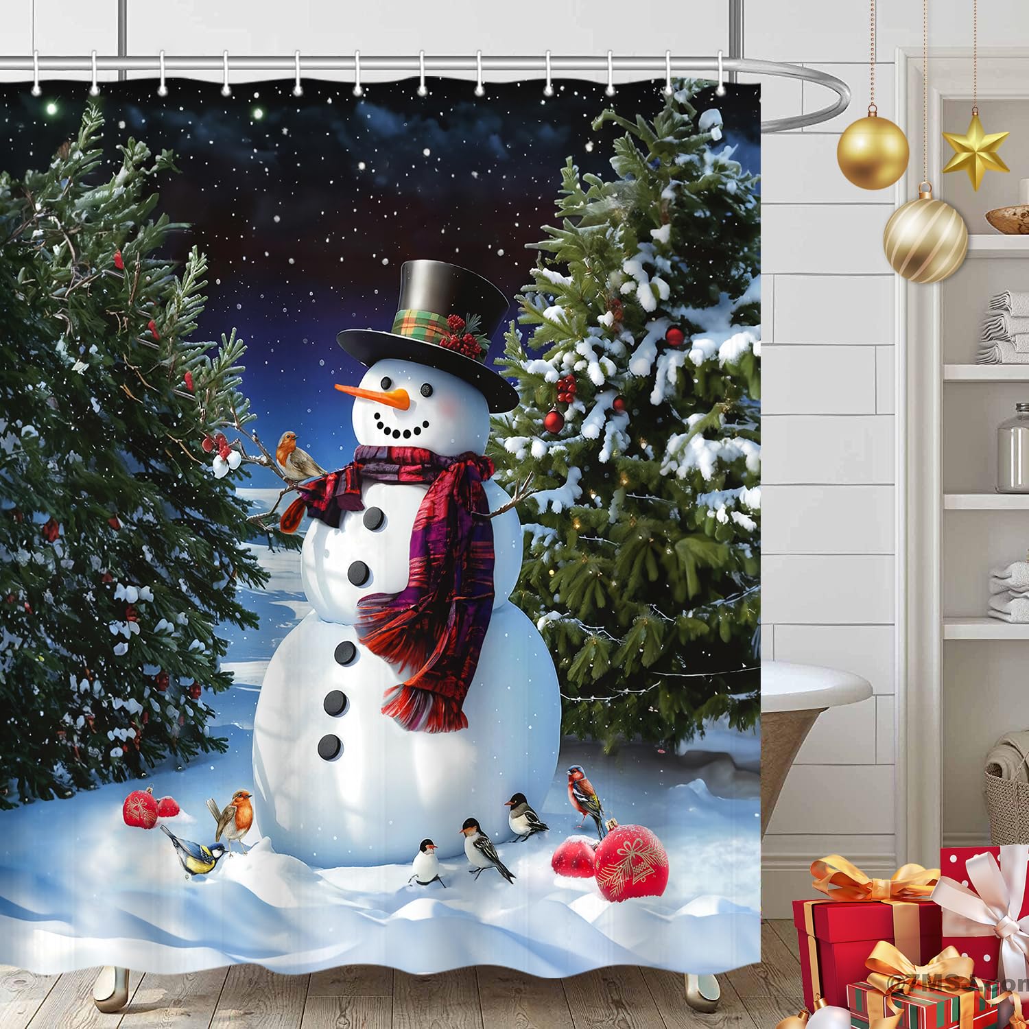 Itapnoom Winter Snowman Shower Curtains, Merry Christmas Trees Gift Cute Happy Little Birds White Snowflake Outdoor, Waterproof