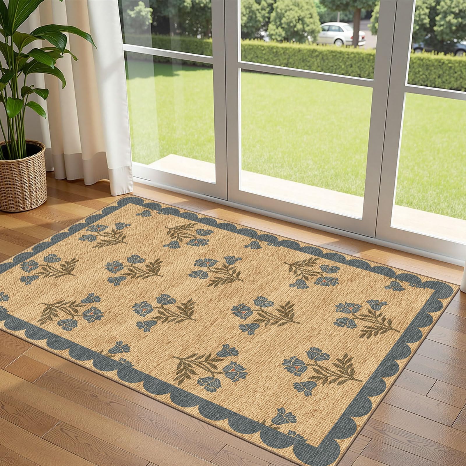 Othilic 3x5 Floral Entry Rug - Small Washable Indoor Outdoor Mats for Front Door Non-Slip Jute-Look Porch Rug Boho Blue Scallope
