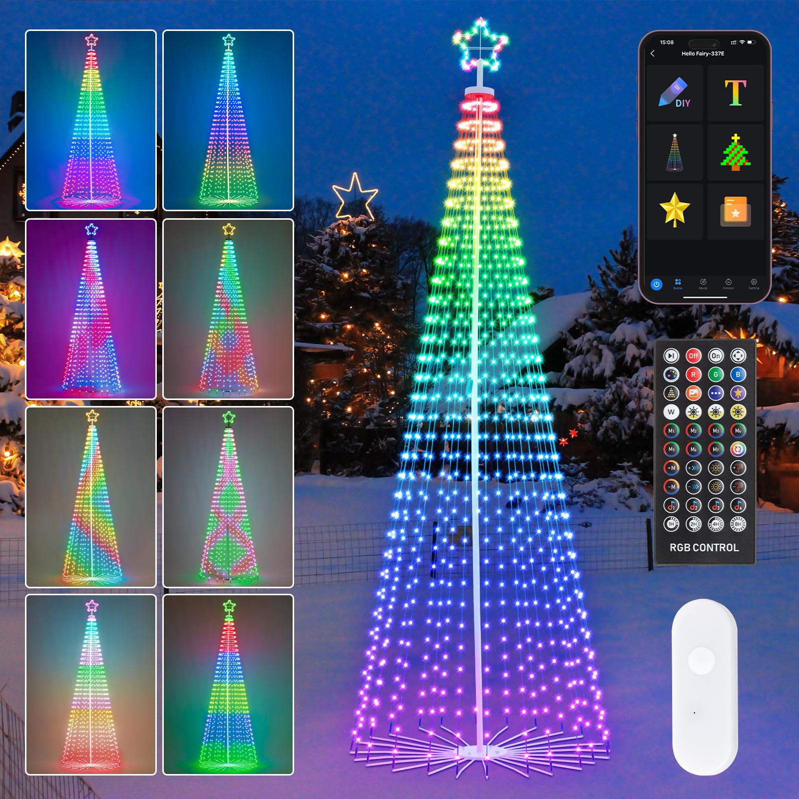 HOLILLUMA 12FT Outdoor Christmas Tree, RGB Color Changing Pre-lit Smart Cone Christmas Tree with LED Lights, App&Remote Control,