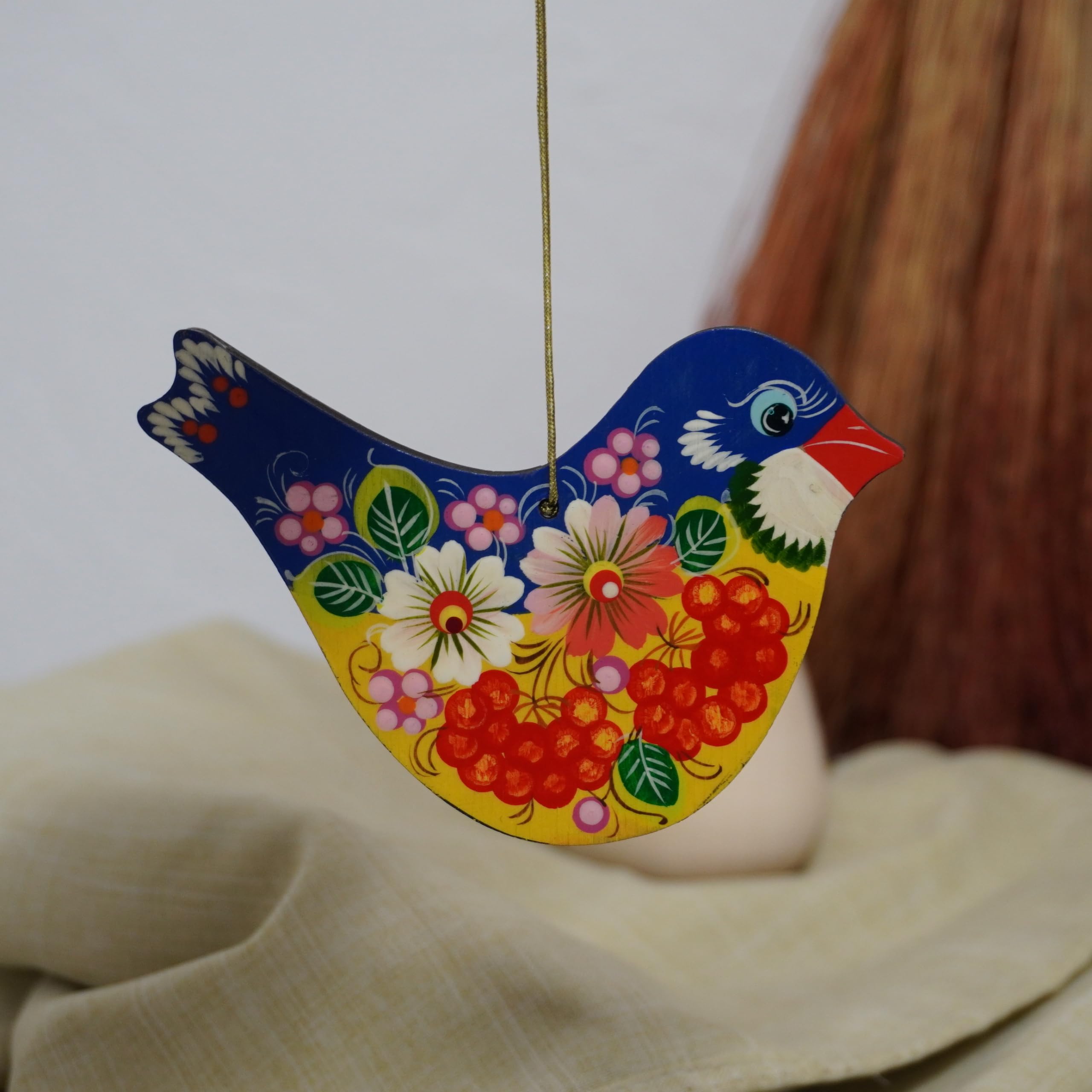 Bird Ornament 4,3 x 3,3 x 0,2 inch. Wooden Beautiful with Flowers Hand-Painted on Both Sides Christmas Tree and Easter Birds Dec