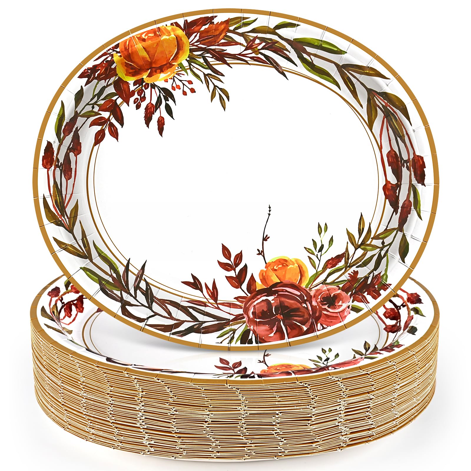 Homlouue 50 PCS 10  12inch Thanksgiving Paper Plates, Autumn Flower Wreath Oval Plate, Fall Paper Plates Disposable for Fall Tha