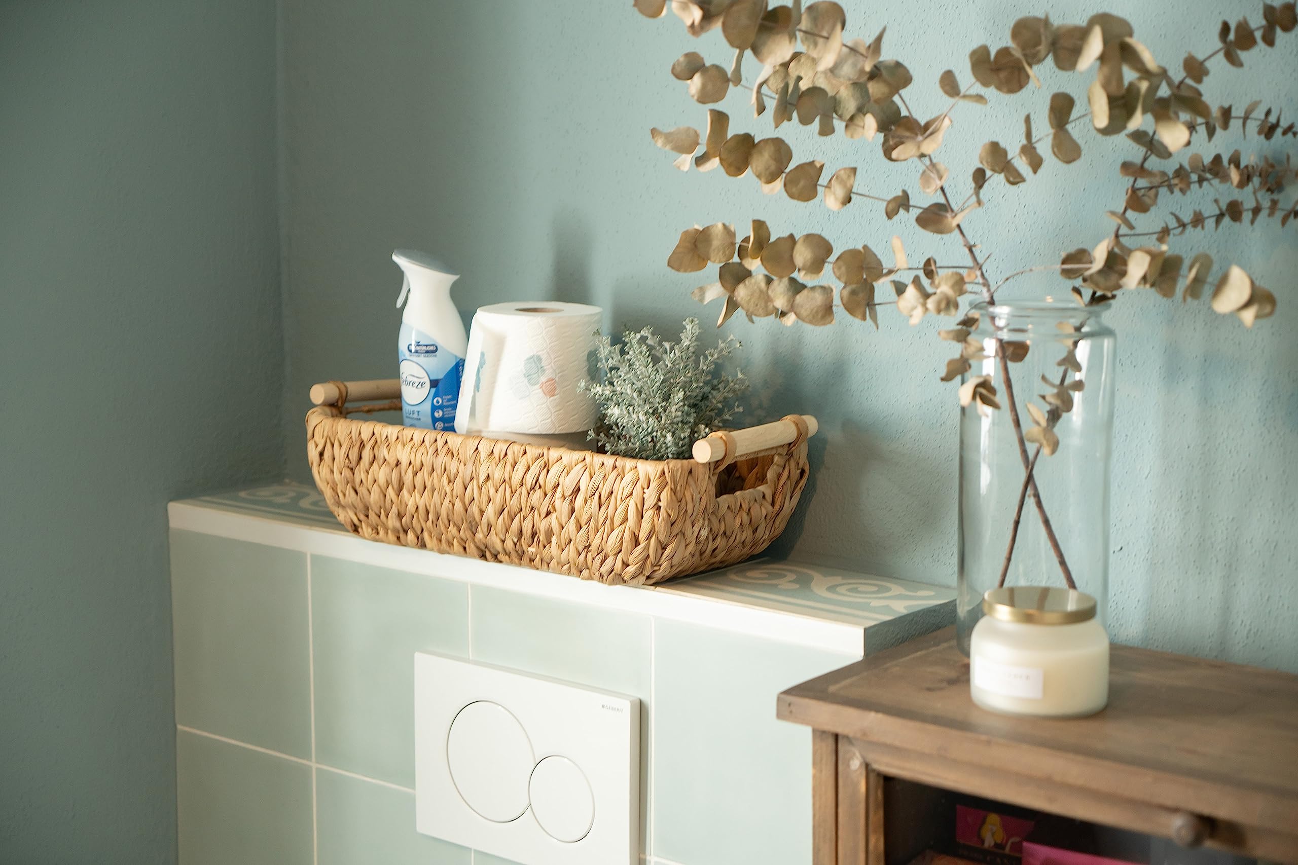 Decorasian Woven Water Hyacinth Bathroom Basket - Storage Basket For Toilet Paper Or Towels - Long And Narrow For Bathroom Stora