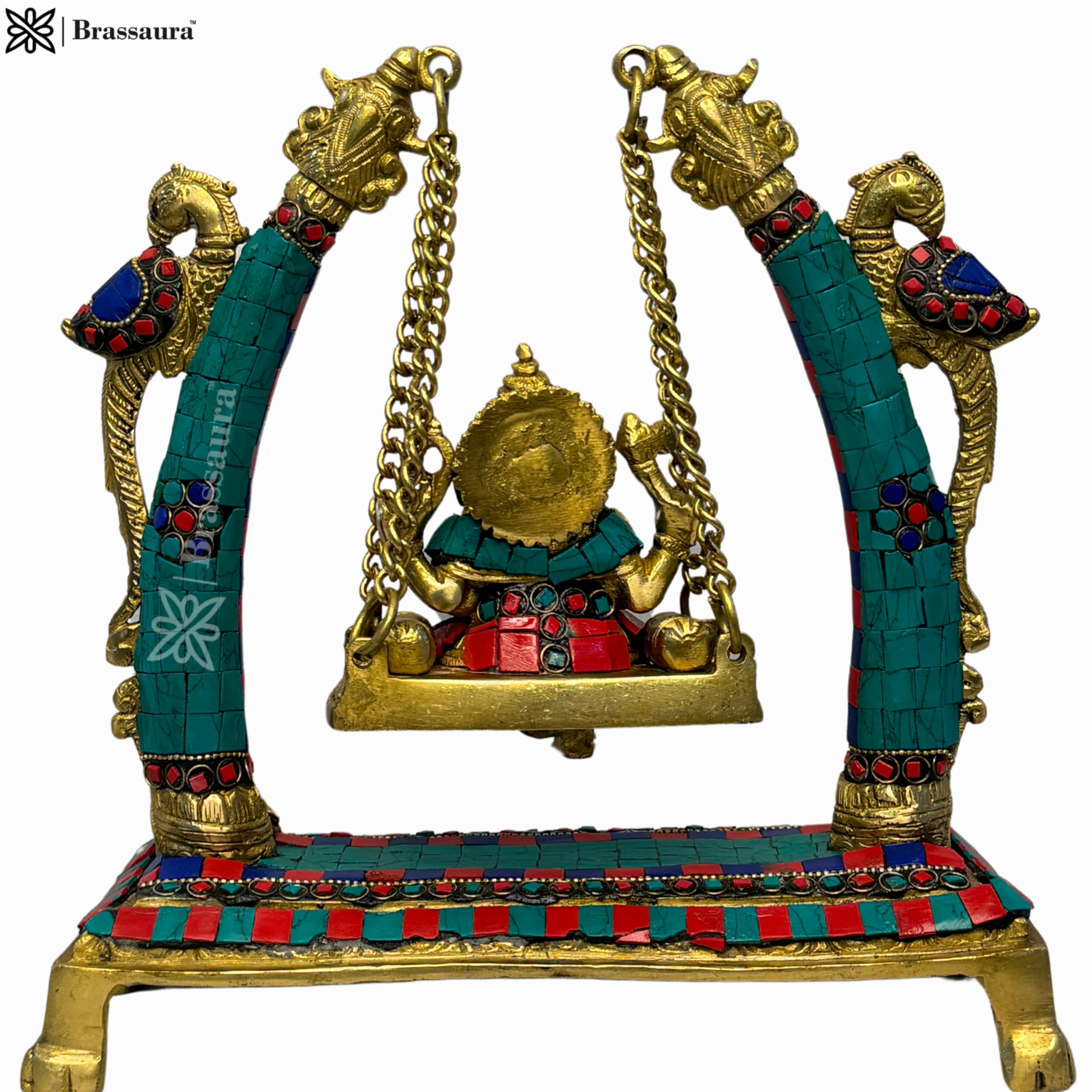 Brassaura Brass Gem Stone Work Ganesha Jhula Statue For Home And Decor Brass Ganesh Murti For Pooja Room Ganpati Idol For Home E