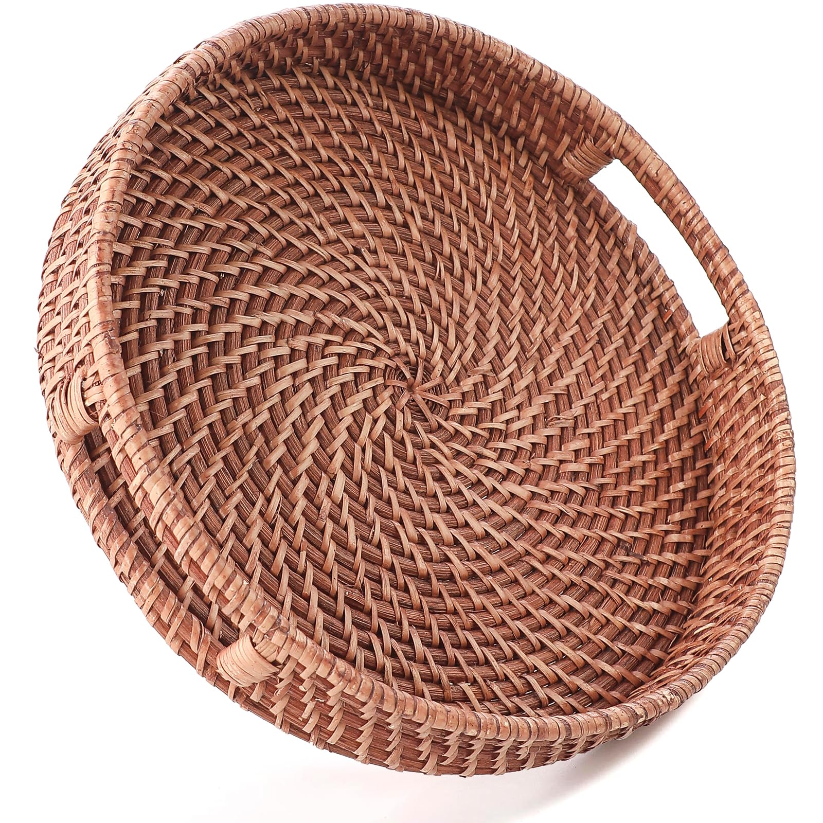 HITOMEN 11.8 Hand-Woven Round Rattan Serving Tray Decorative Wicker Trays with Handles for Coffee Table (Honey Brown-M)