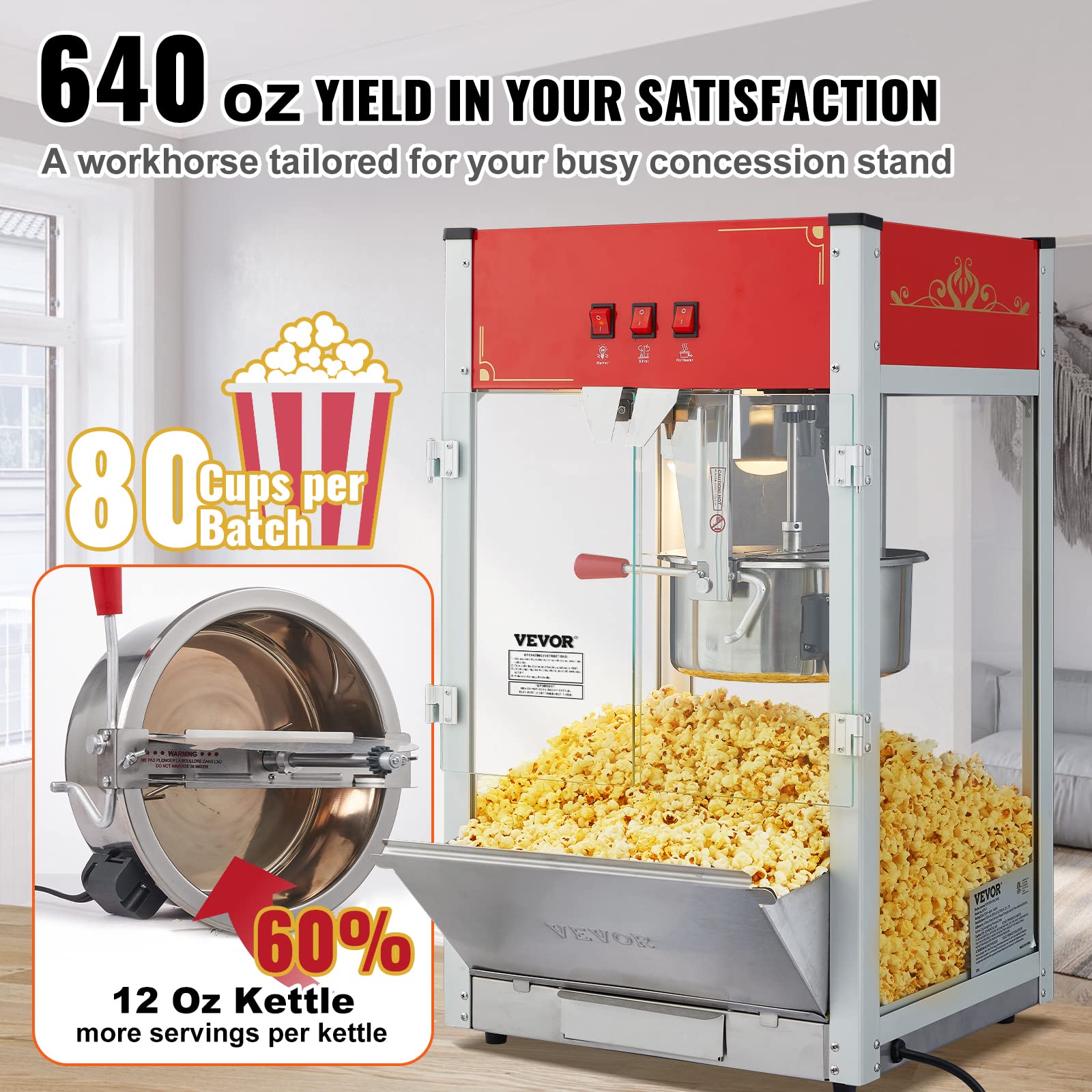 Vevor Commercial Popcorn Machine, 12 Oz Kettle, 1440 W Countertop Popcorn Maker For 80 Cups Per Batch, Theater Style Popper With
