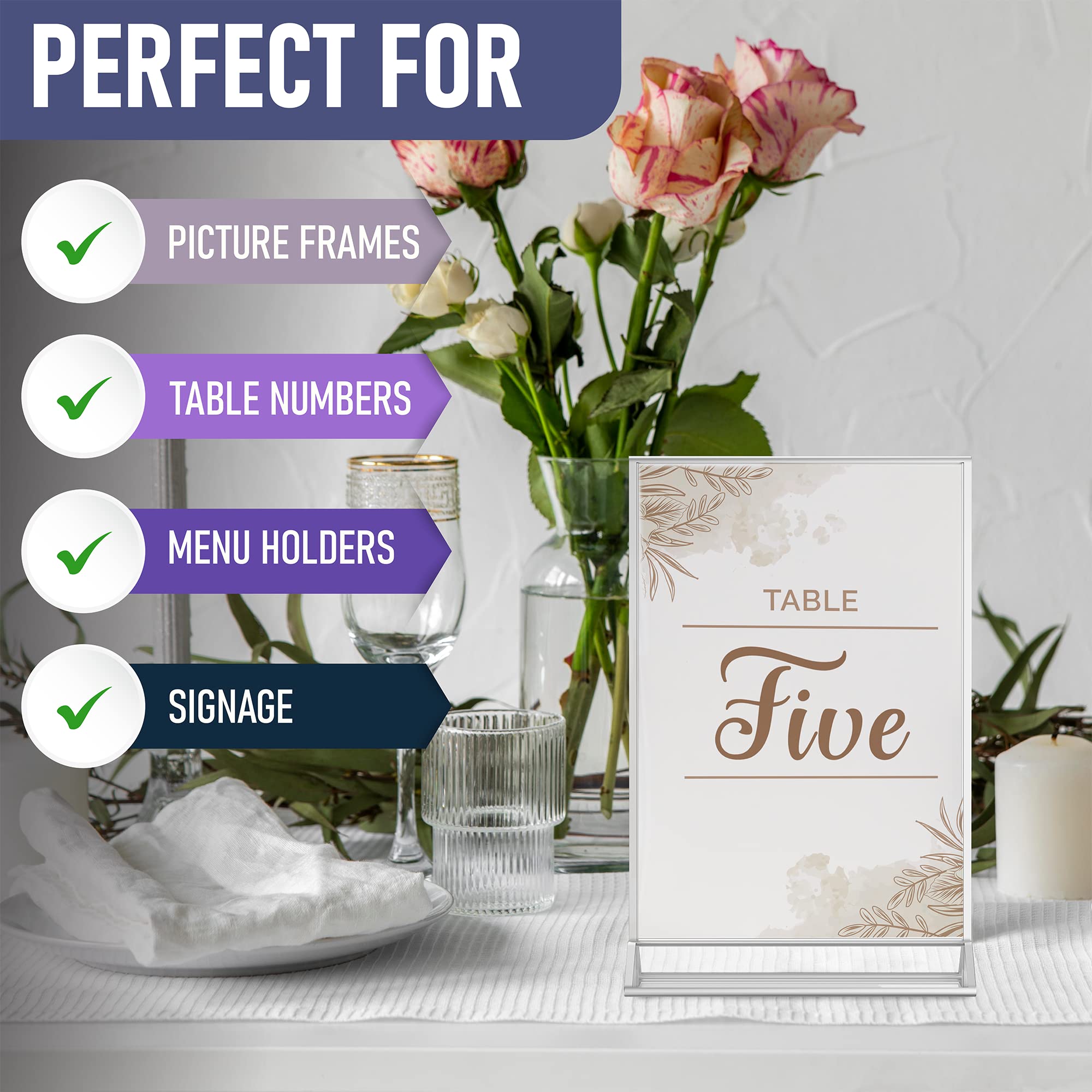 Silver Picture Frames Double Sided - 6 Pack - 4x6 Acrylic Silver Table Number Holders  Clear Easel Table Stands for Signs  Silver Frames for Wedding Table Numbers  Menu Holder  Photo Frame