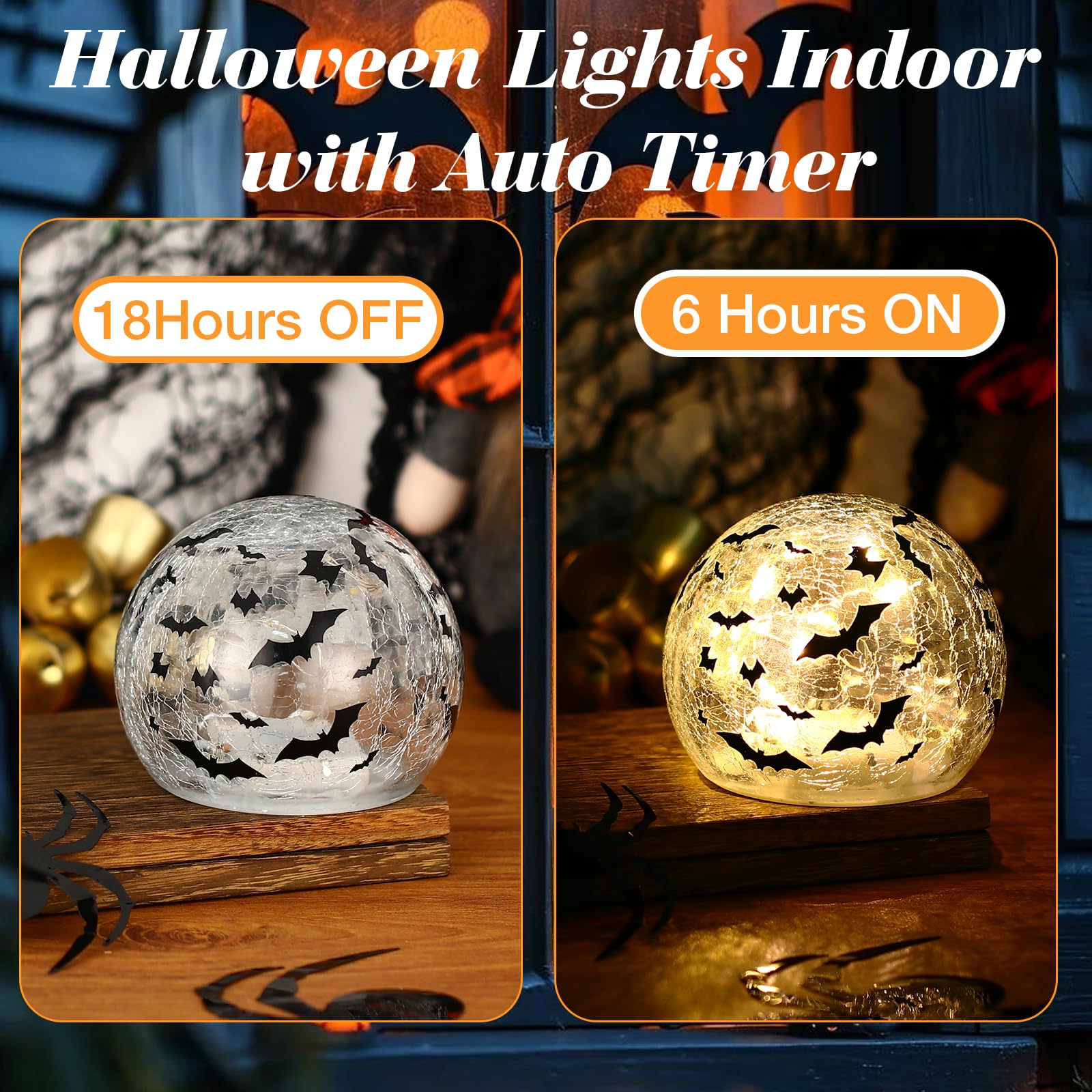 2 PCS Halloween Table Decorations,3.93 Glass Ball Tabletop Decor Crackle with Timer,Halloween Decorations Indoor Spheres Decorat