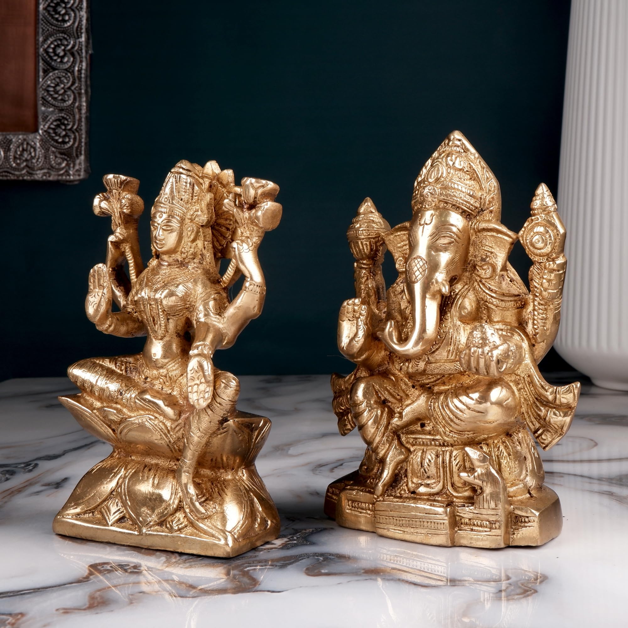 Shoppingrox Lakshmi Ganesh God Idol | Brass | Yellow Colour - 15 Cm