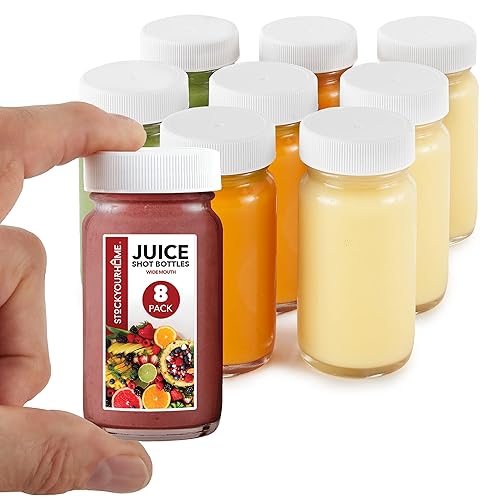 Stock Your Home Glass Shot Bottles with Caps (8 Pack) 2 Oz Juice  Wellness  or Ginger Shots Bottle - Leak Proof  Dishwasher Safe  Mini Jars with Plastic Lids - Reusable Small Juicing Containers