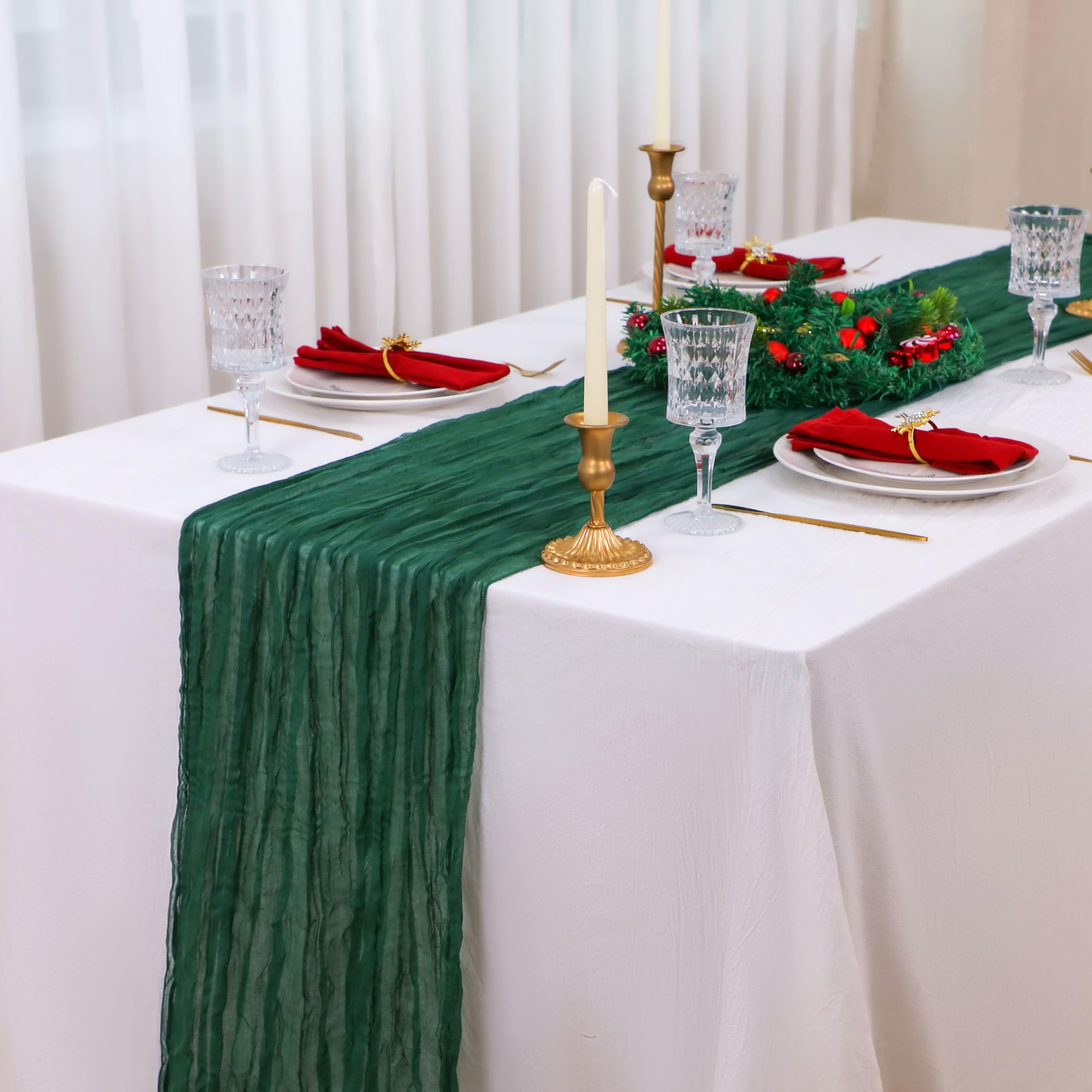 Snowkingdom 6 PCS Emerald Green Table Runner 120 Inch 10 Ft Rustic Boho Dark Green Cheese Cloth Runner for Wedding Bridal Baby S