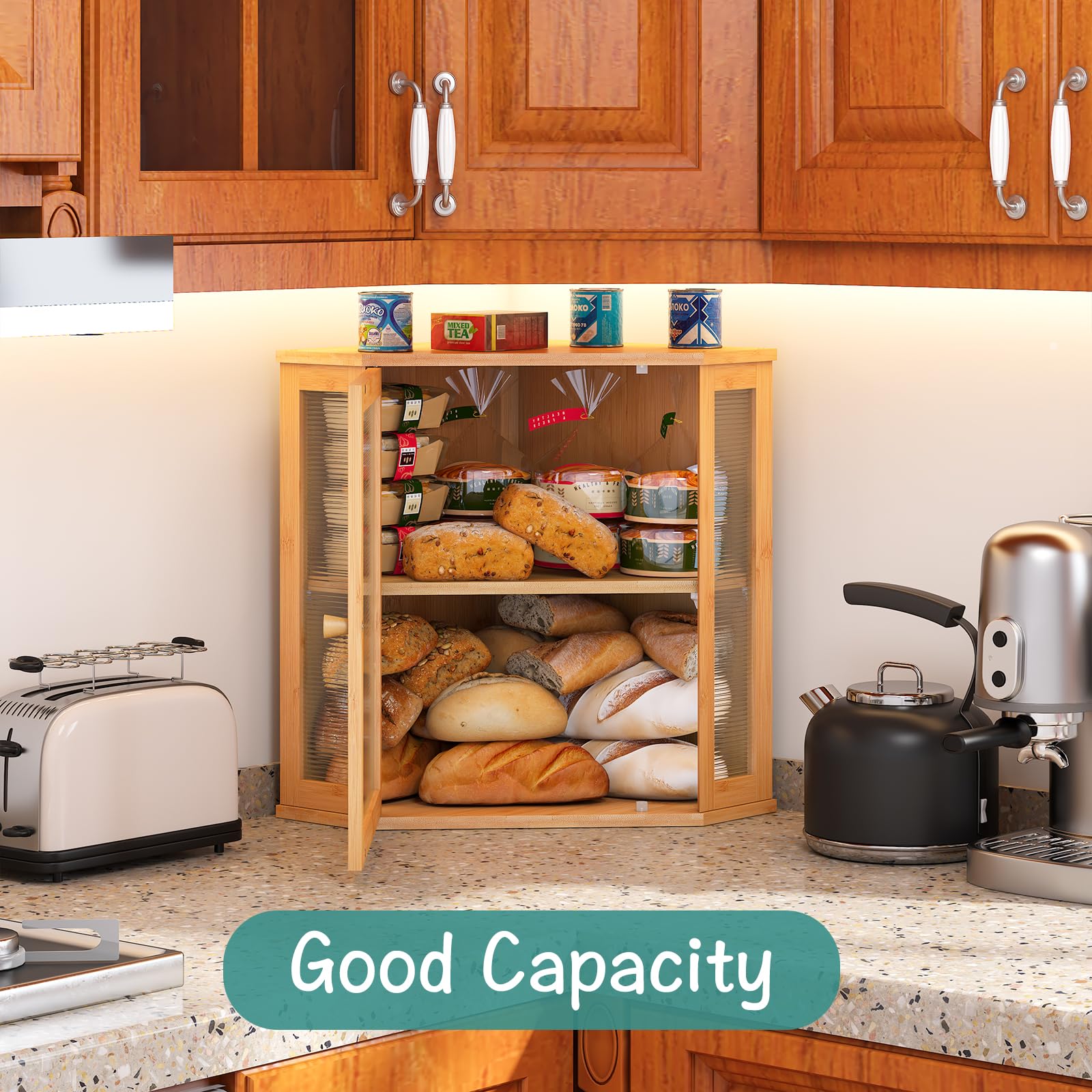 Viewcare Corner Bread Box For Kitchen Counter, Bamboo Wood Large Capacity Bread Storage Bin With Acrylic Wavy Door Panel (Natura