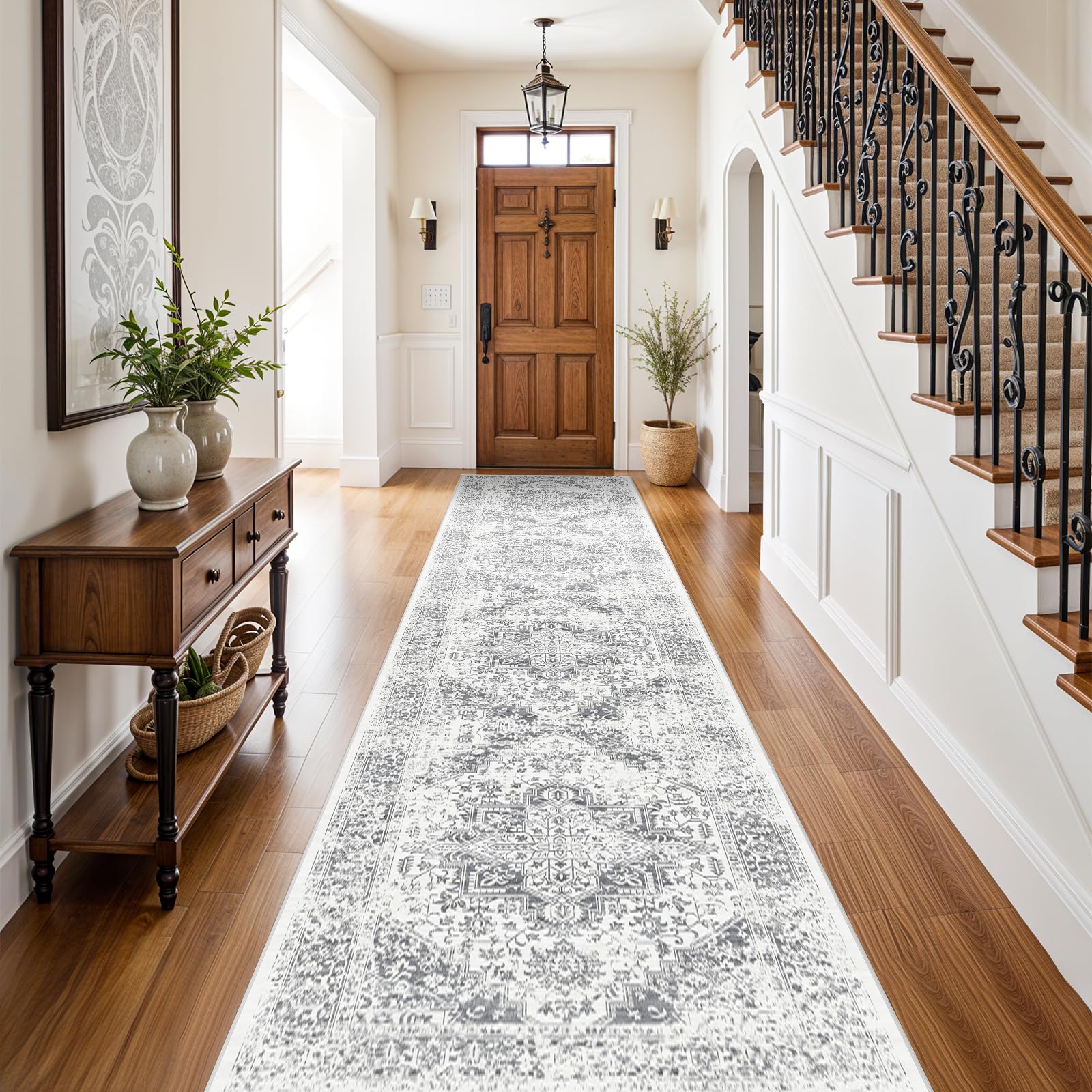 EISUROM Washable 26x12 Runner Rug - Non-Slip Vintage Runner Rug for Entryway Low-Pile Medallion Long Rugs for Hallway Waterp