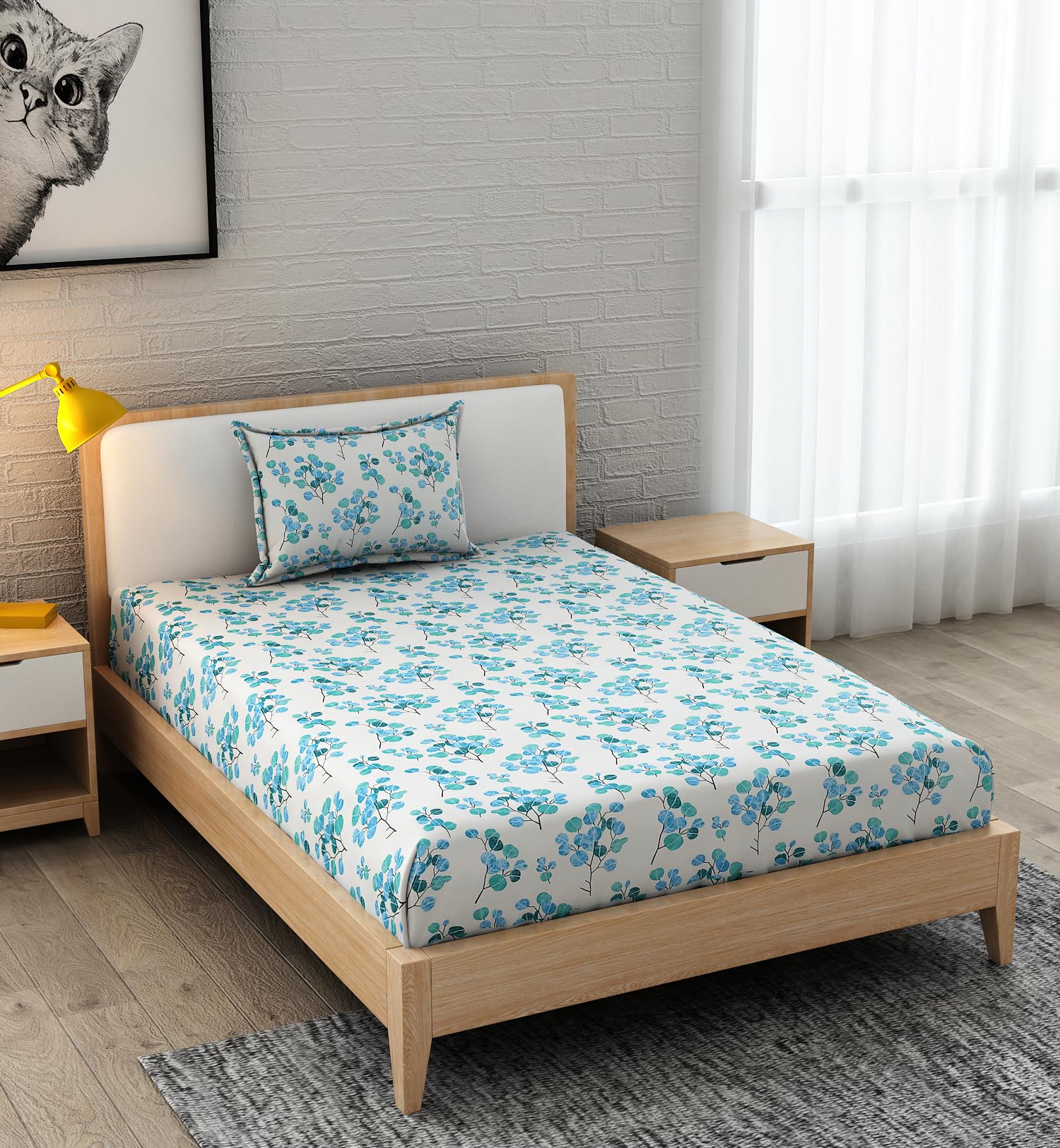 Homefab India 220 Tc Microfiber Soft Cotton Bedsheet For Single Bed With 1 Pillow Cover - White, Aqua, Floral