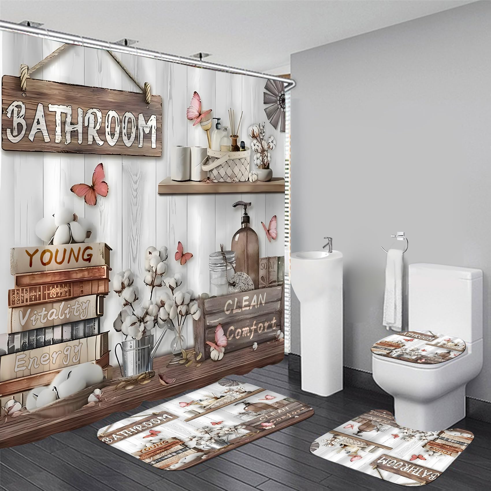 Ddqq 4Pcs Shower Curtain Sets, Farmhouse Style Bathroom Curtains Shower Set, Cupboard Bathroom Decor Sets, Shower Curtain For Ba