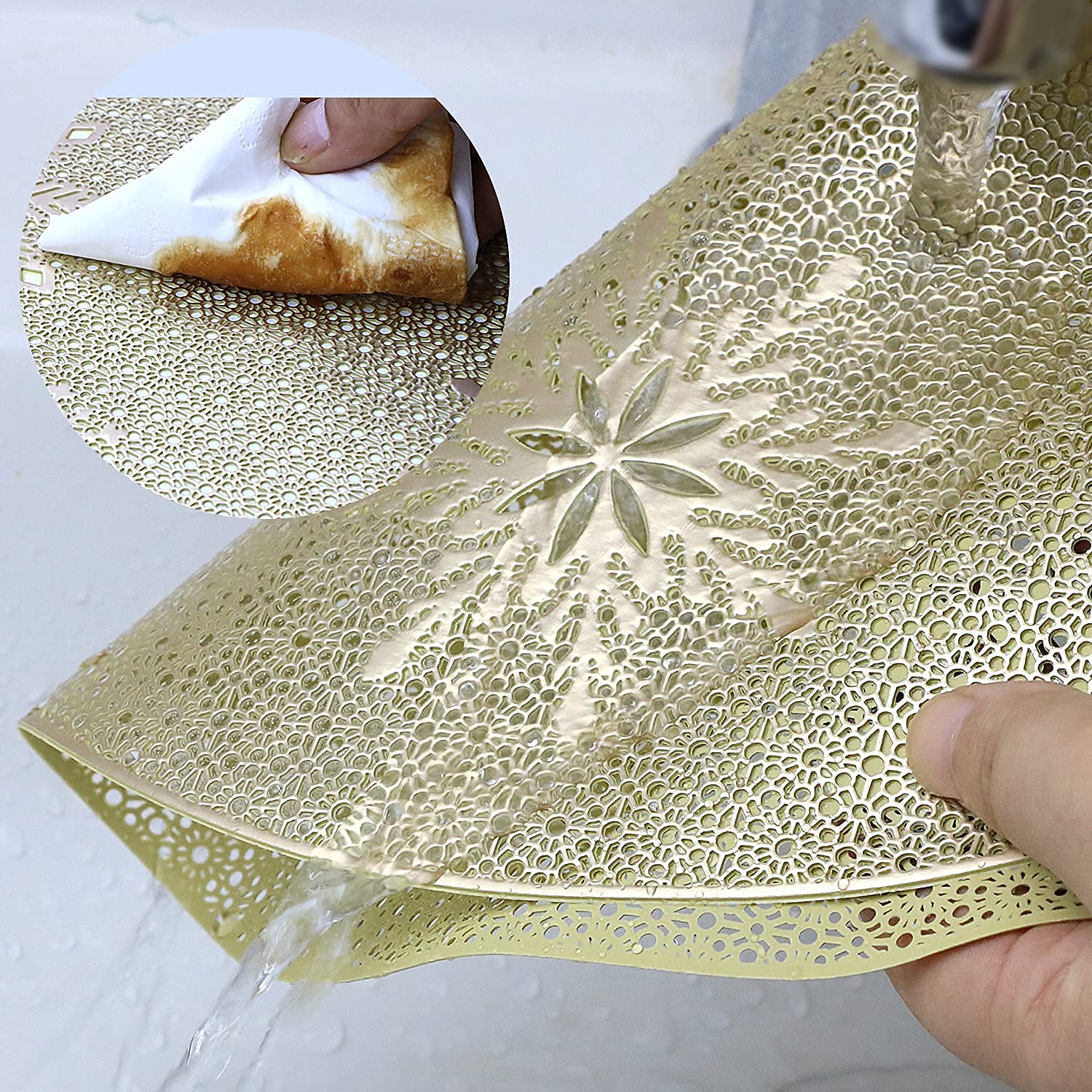 Femge Christmas Round Gold Placemats Of 6 For Dining Table Mats Set Wipeable Snowflake Placemats For Kitchen Table Plastic Soft