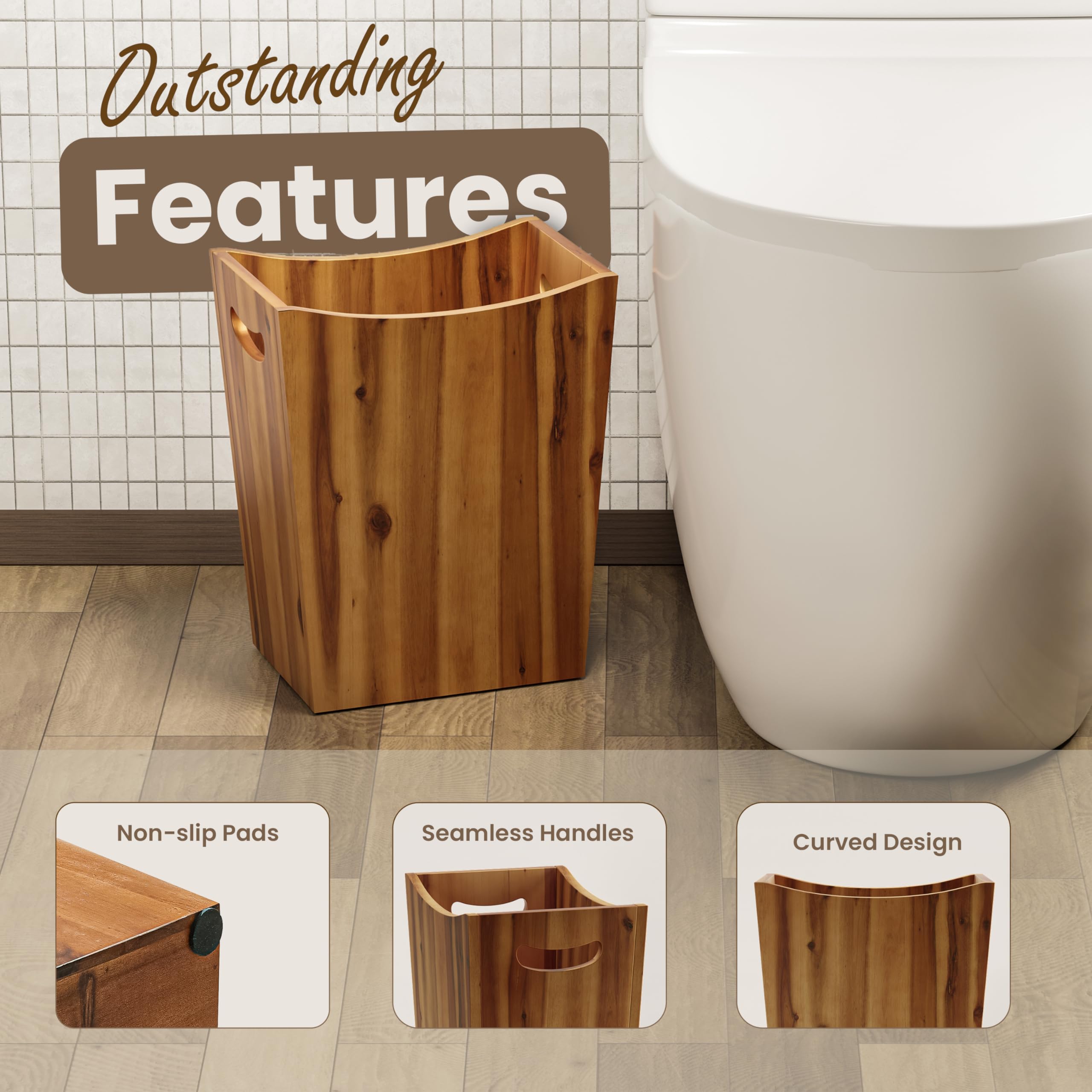 Tidita 2 Gallons Rectangular Wastebaskets - Acacia Wood Waste Basket With Handles - Small Trash Can For Bathroom - Brown Garbage