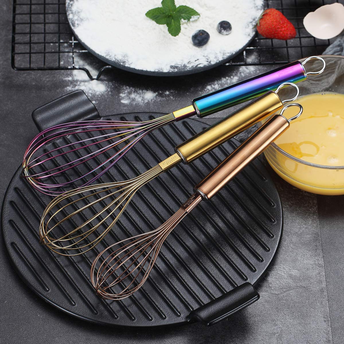 Berglander Colorful Whisk Pack Of 3 Stainless Steel 8'' Gold Whisks For Cooking, 10'' Rose Gold Whisk, 12'' Rainbow Whisk, Wire