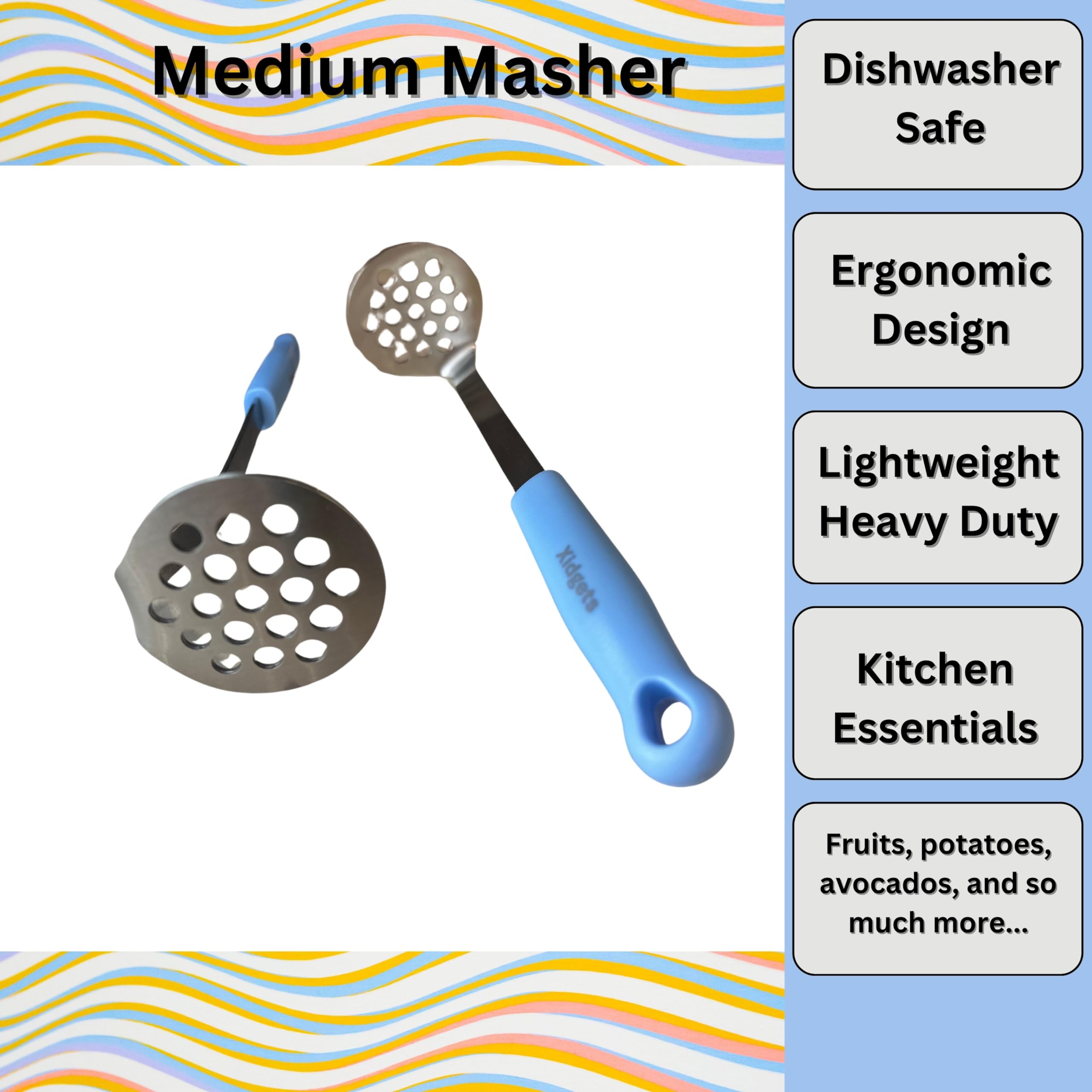 Medium Small Potato Masher Egg & Avocado Masher. Sturdy Design, Comfortable Grip, Dishwasher Safe. Stainless Steel, Lightweight